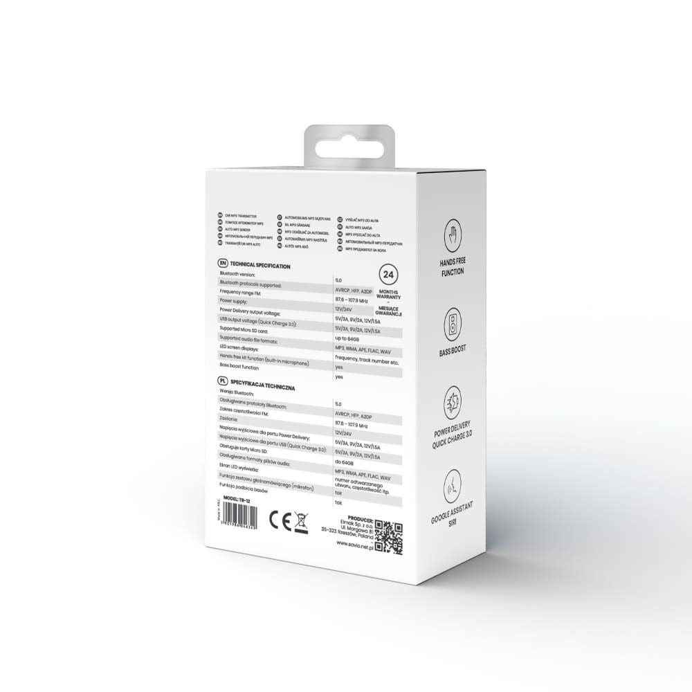 Parte trasera de la caja del cargador del transmisor MP3 para coche, con texto e iconos.