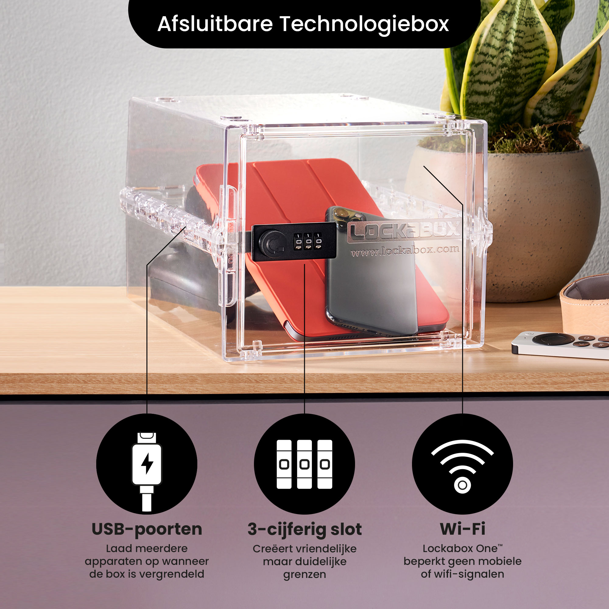 Eine transparente, abschließbare Box mit einem roten Telefon darin. Text beschreibt USB-Anschlüsse, einen Schlitz und WLAN.
