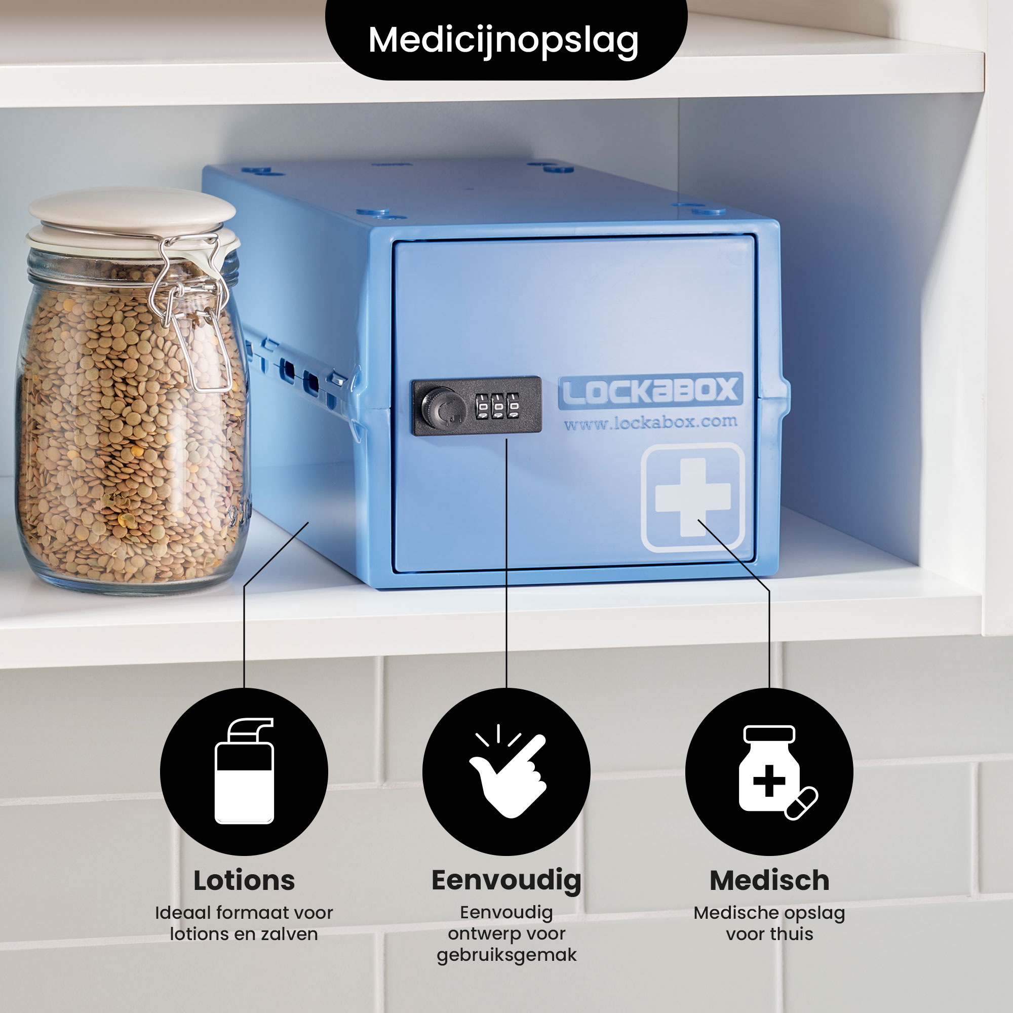 Ein blauer Medizinschrank mit Etiketten für Lotionen, schlichtes Design und medizinische Artikel.