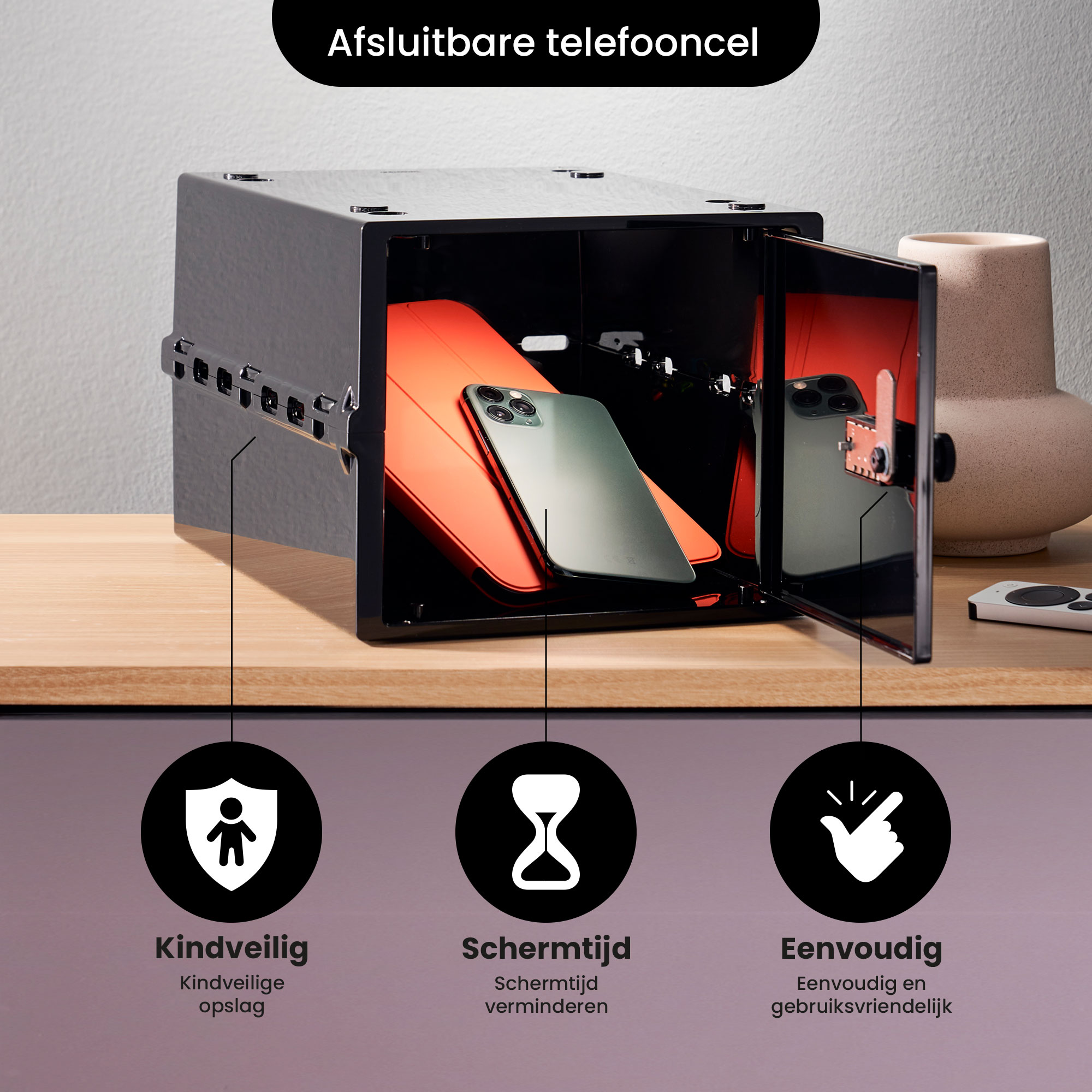 Eine schwarze Box mit einem Telefon im Inneren und Symbolen, die Kindersicherheit, Bildschirmzeitreduzierung und Benutzerfreundlichkeit zeigen.
