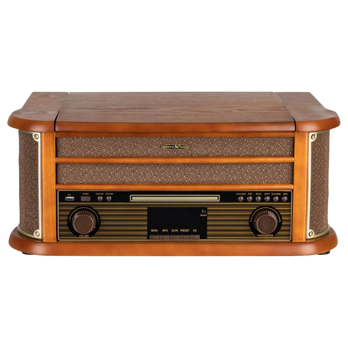 Radio in legno retrò con lettore CD. Ha quadranti, pulsanti e uno schermo frontale.