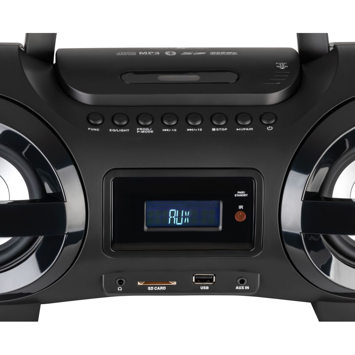Schwarze Audio-Boombox mit Knöpfen und Bildschirm, Lautsprecher auf jeder Seite. SD-Karte, USB und AUX-Eingänge sichtbar.
