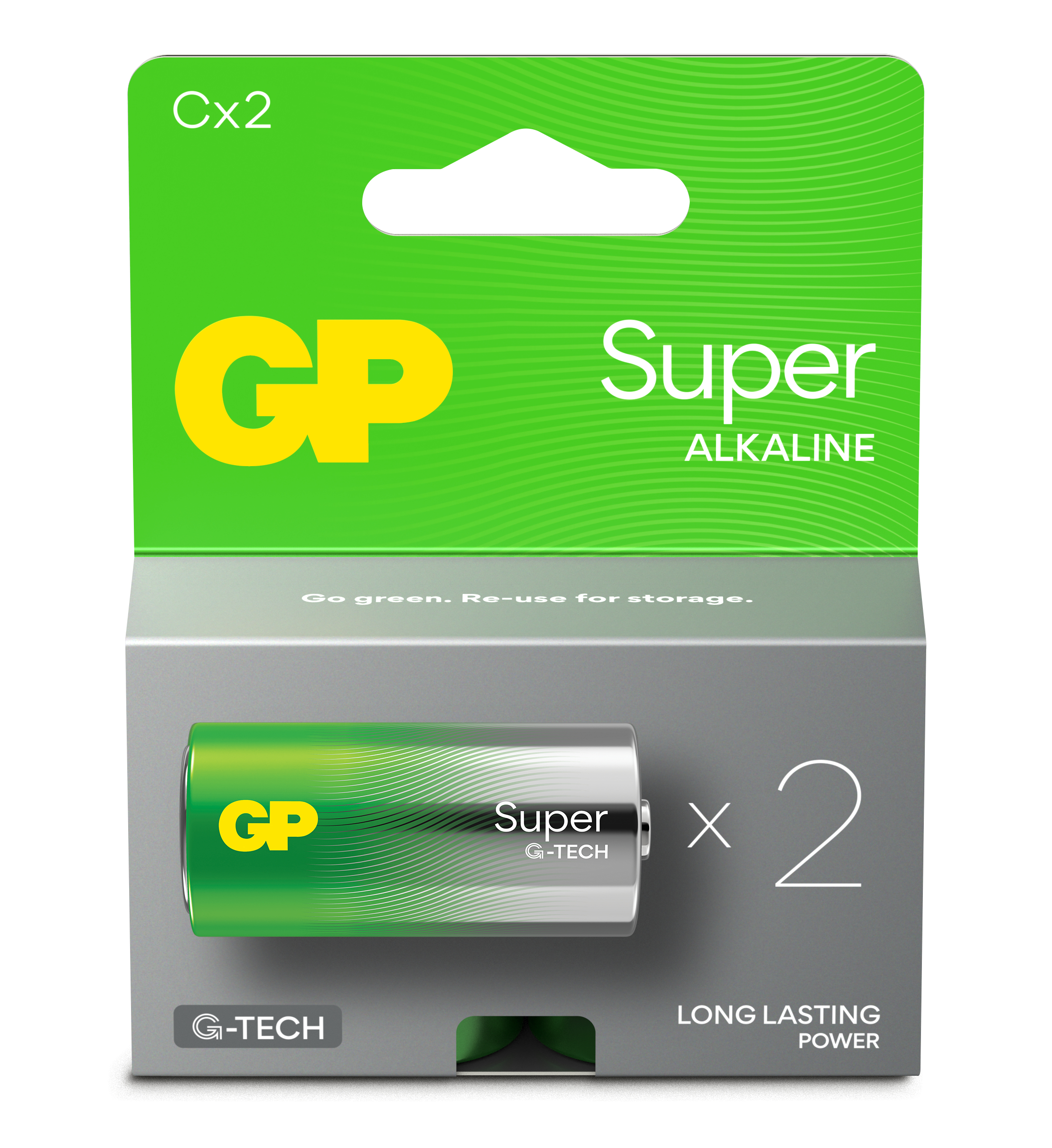 Confezione di batterie GP Super Alkaline verde e gialla. Due batterie all'interno.