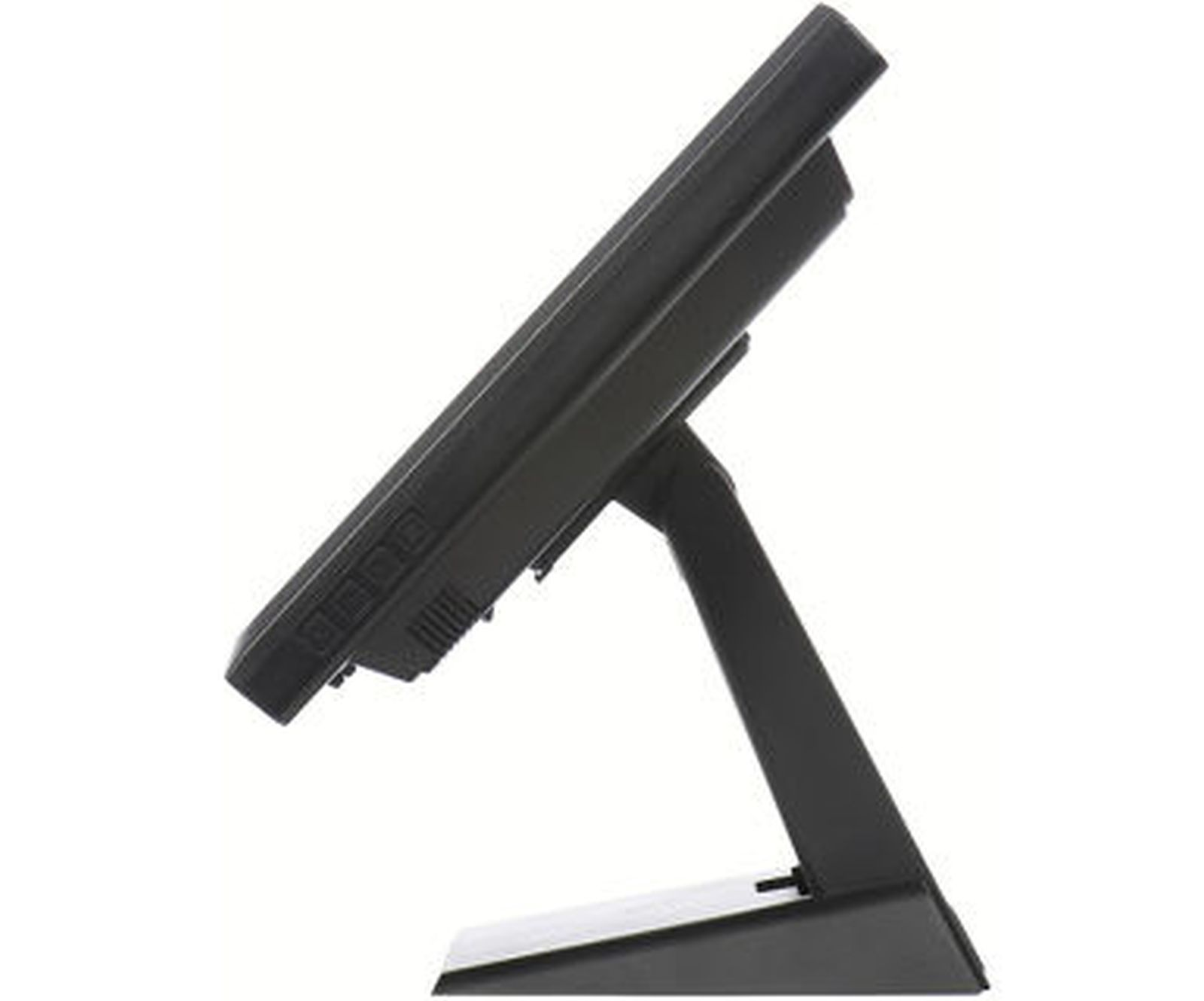 Ein schwarzer Computermonitor, nach links angewinkelt, steht auf einem schwarzen Ständer.