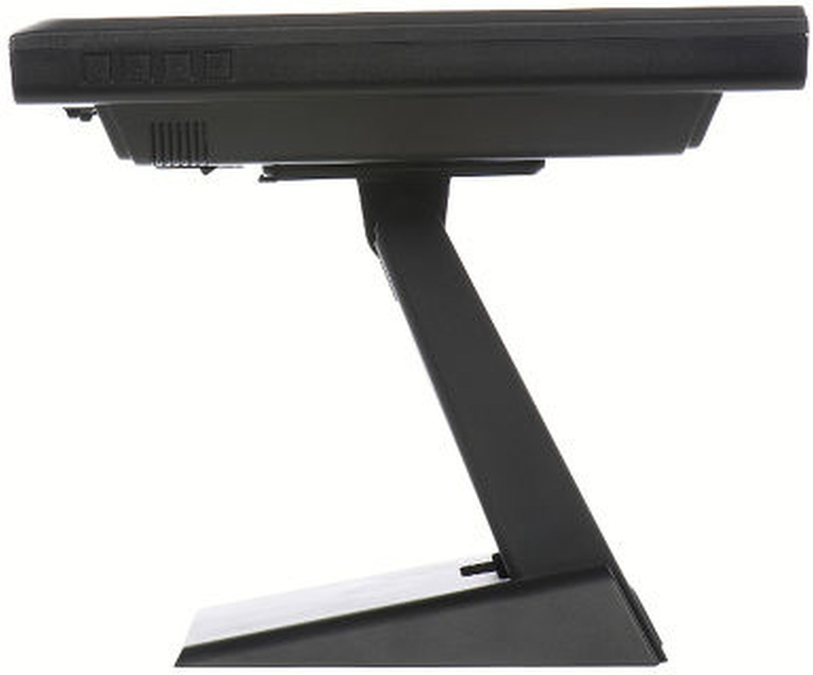Ein schwarzer Tastaturfuß mit einem Ständer. Der Ständer ist abgewinkelt.