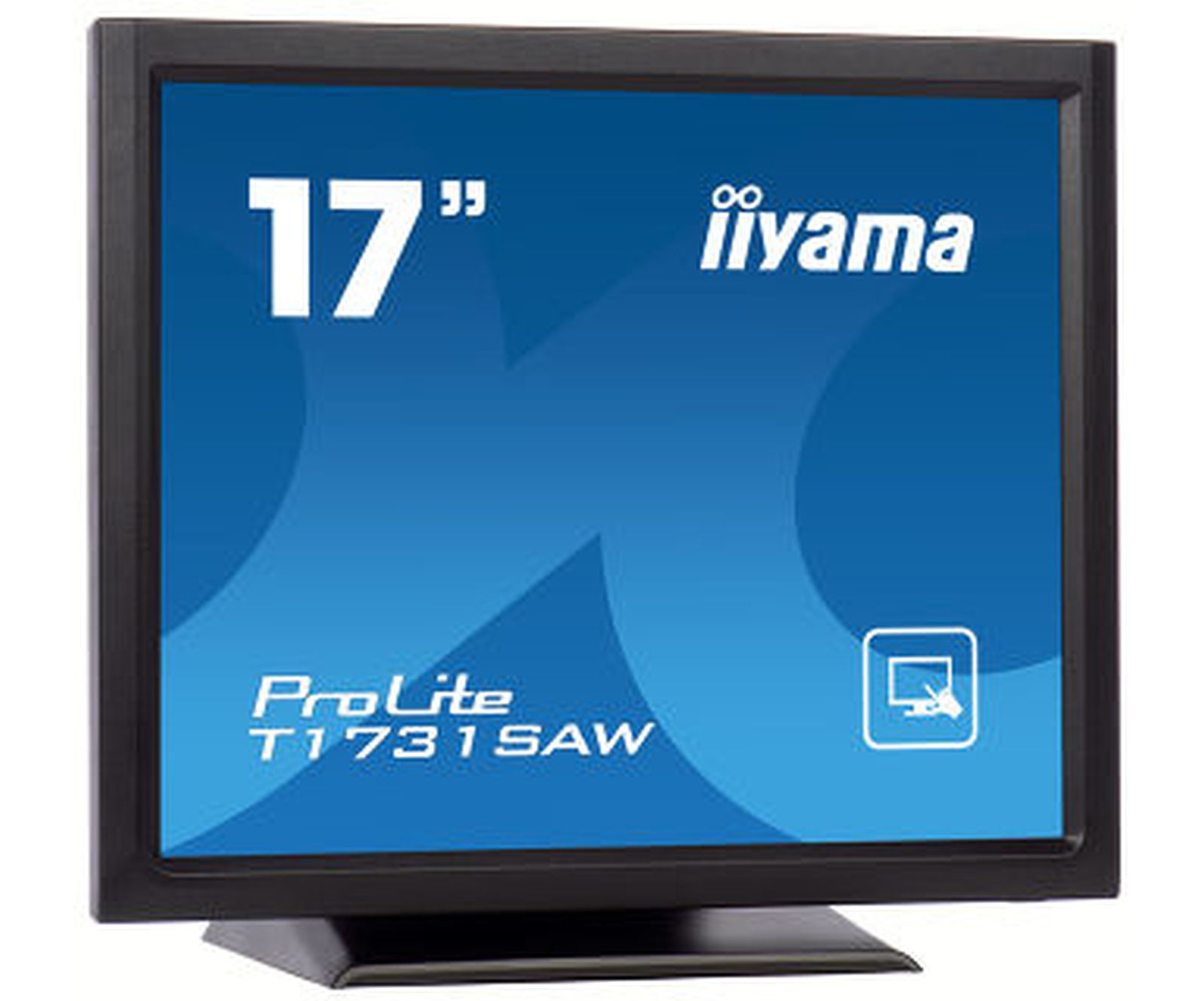 Ein schwarzer 17-Zoll-Computermonitor mit einem Hintergrund mit blauem Farbverlauf.