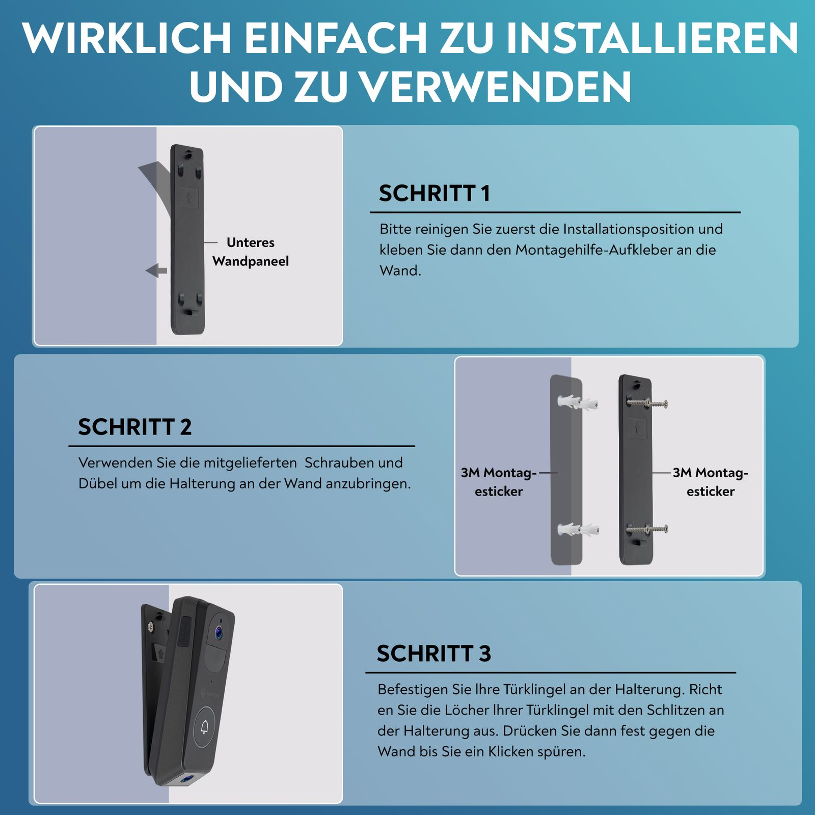 Anweisungen zur Installation eines Wandgeräts mit Text und Bildern des Vorgangs.