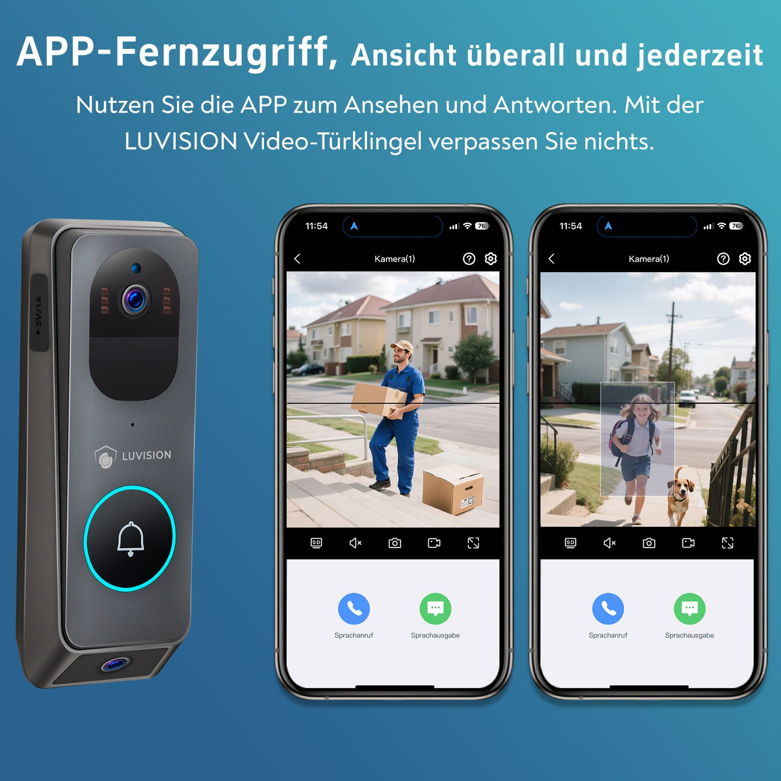 Eine intelligente Türklingel und zwei Smartphone-Bildschirme, die Live-Videofeeds anzeigen.