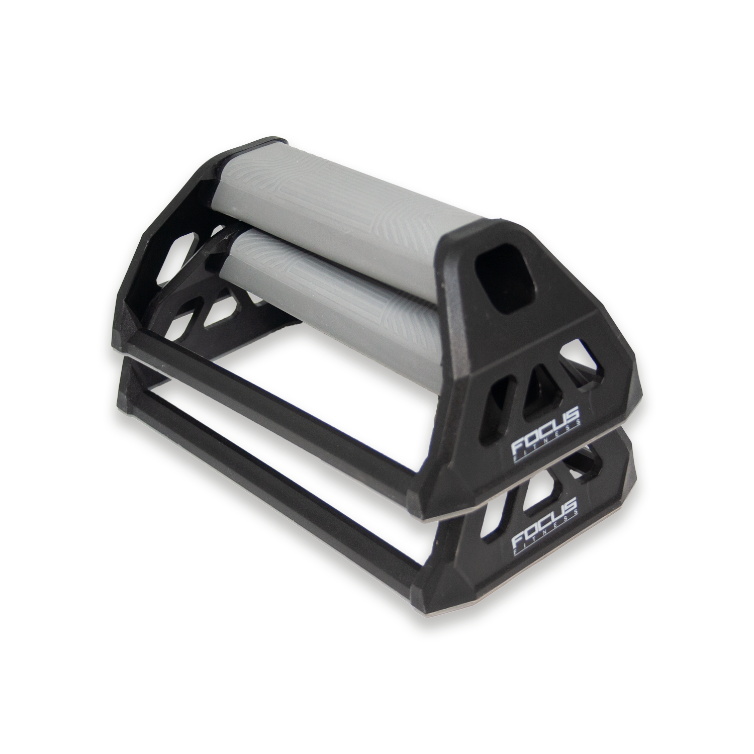 Two black and grey push-up bars, angled. The bars are on a white background. Focus Fitness logo.