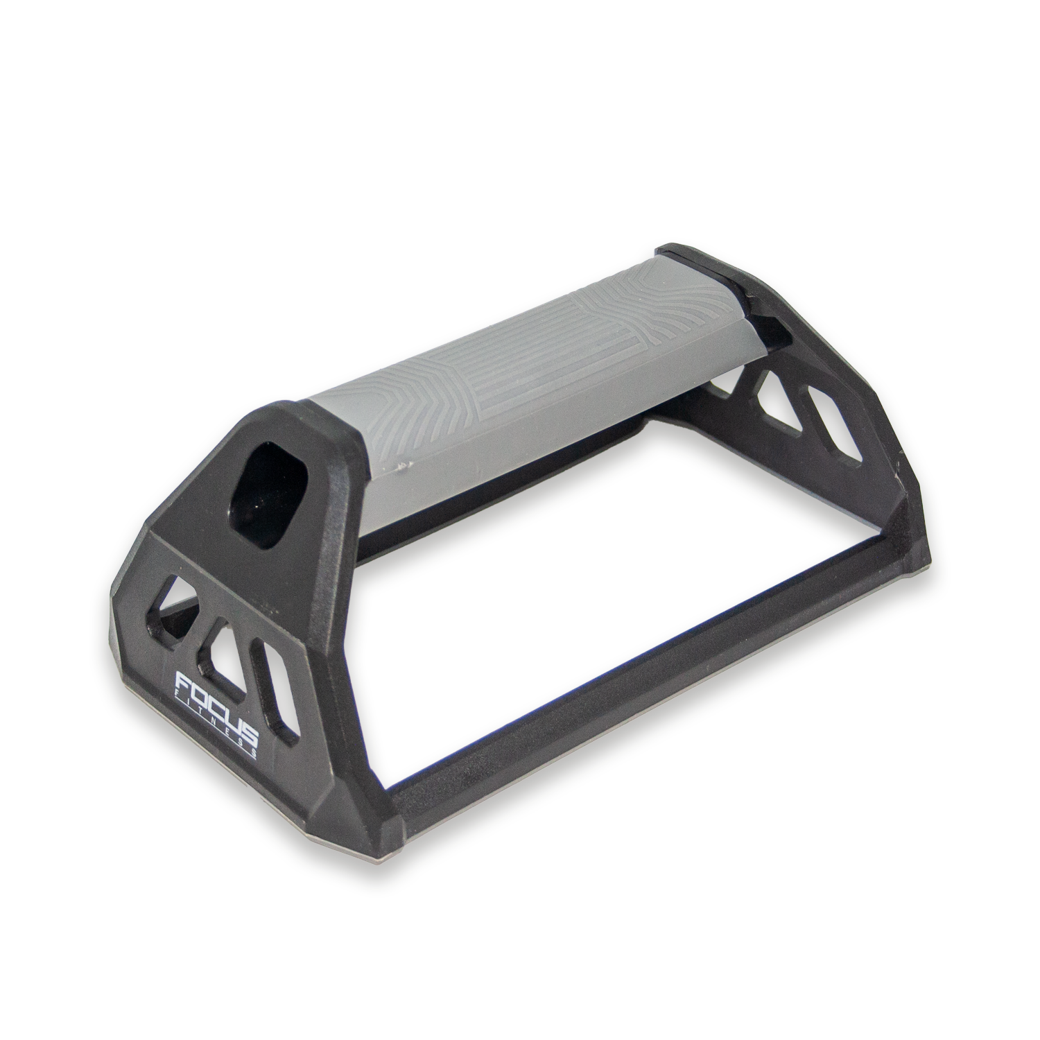 Black and gray push-up bar. The bar is on a white surface.