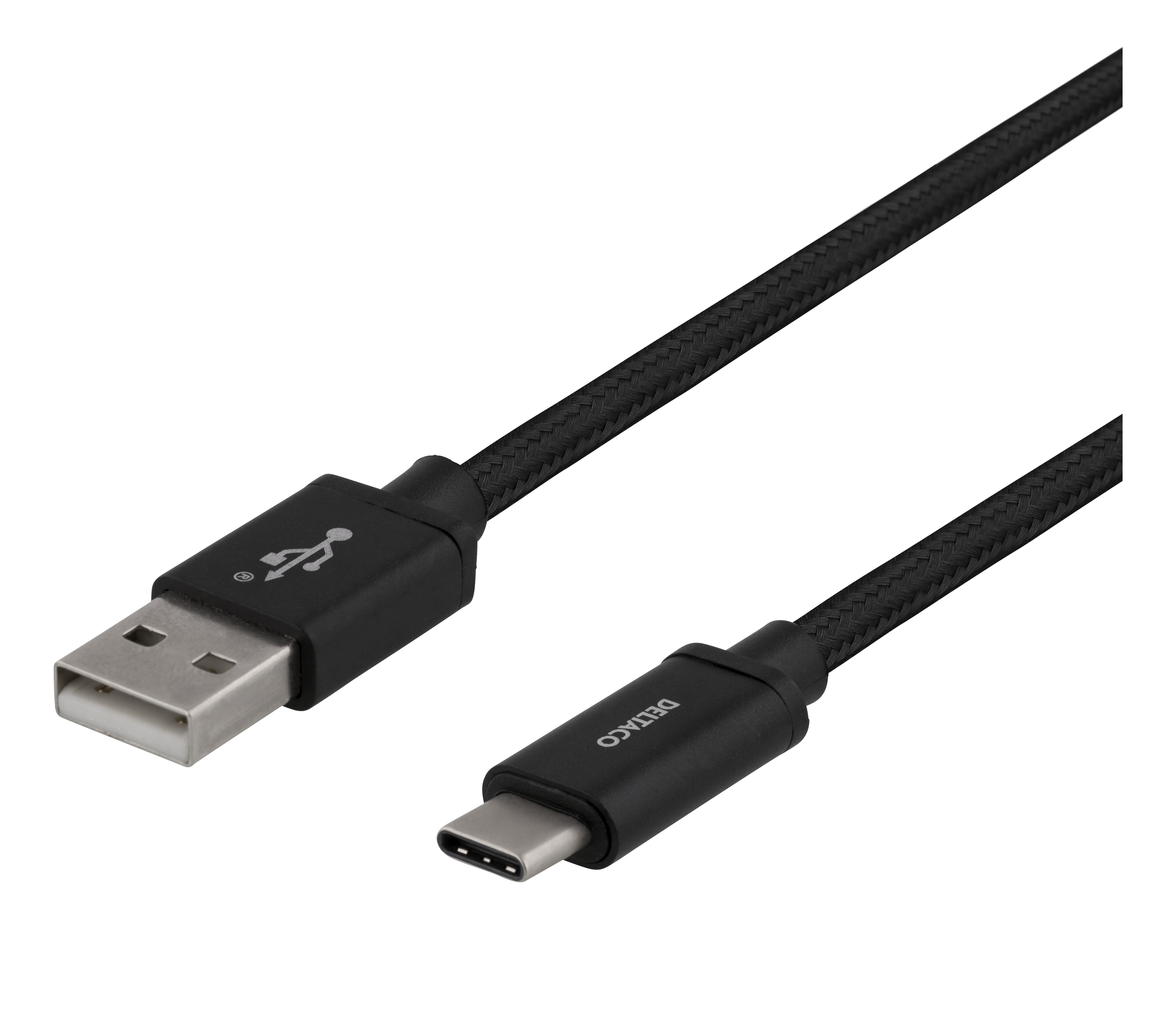 Un cavo nero da USB-A a USB-C, con connettori a ciascuna estremità.