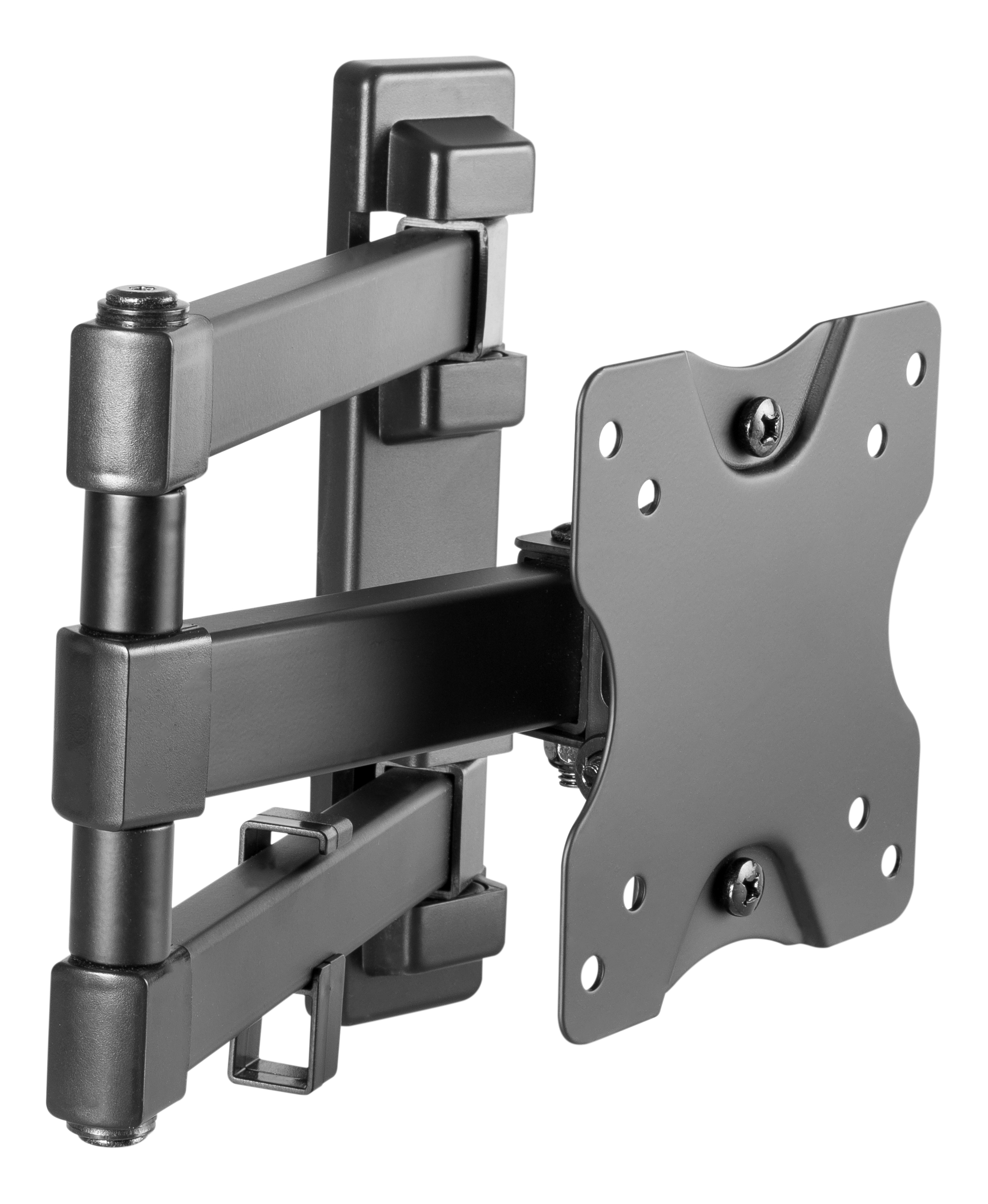 Schwarze TV-Halterung mit verstellbaren Armen. Metallkonstruktion vor weißem Hintergrund.