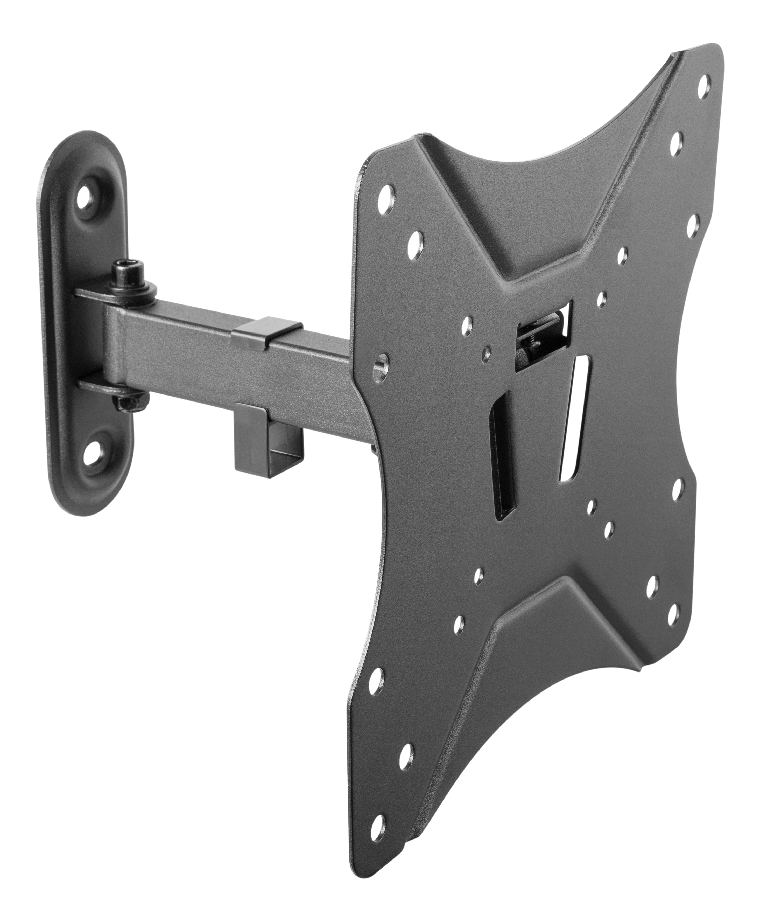Schwarze Monitorhalterung. Die Halterung ist an einer Wand befestigt und zeigt den Arm und die Montageplatte.