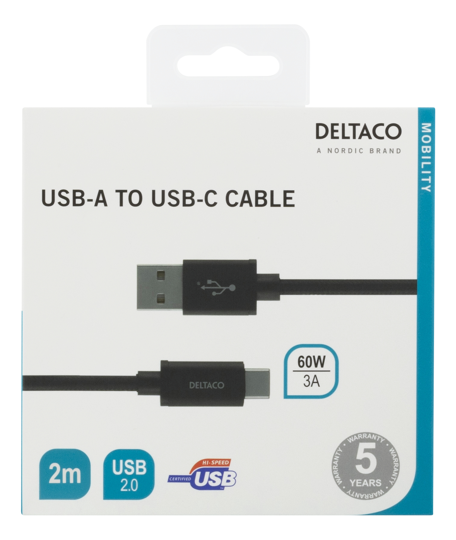Un cavo USB-A a USB-C in una scatola. La scatola mostra il cavo, la sua lunghezza e l'uscita 60W 3A.
