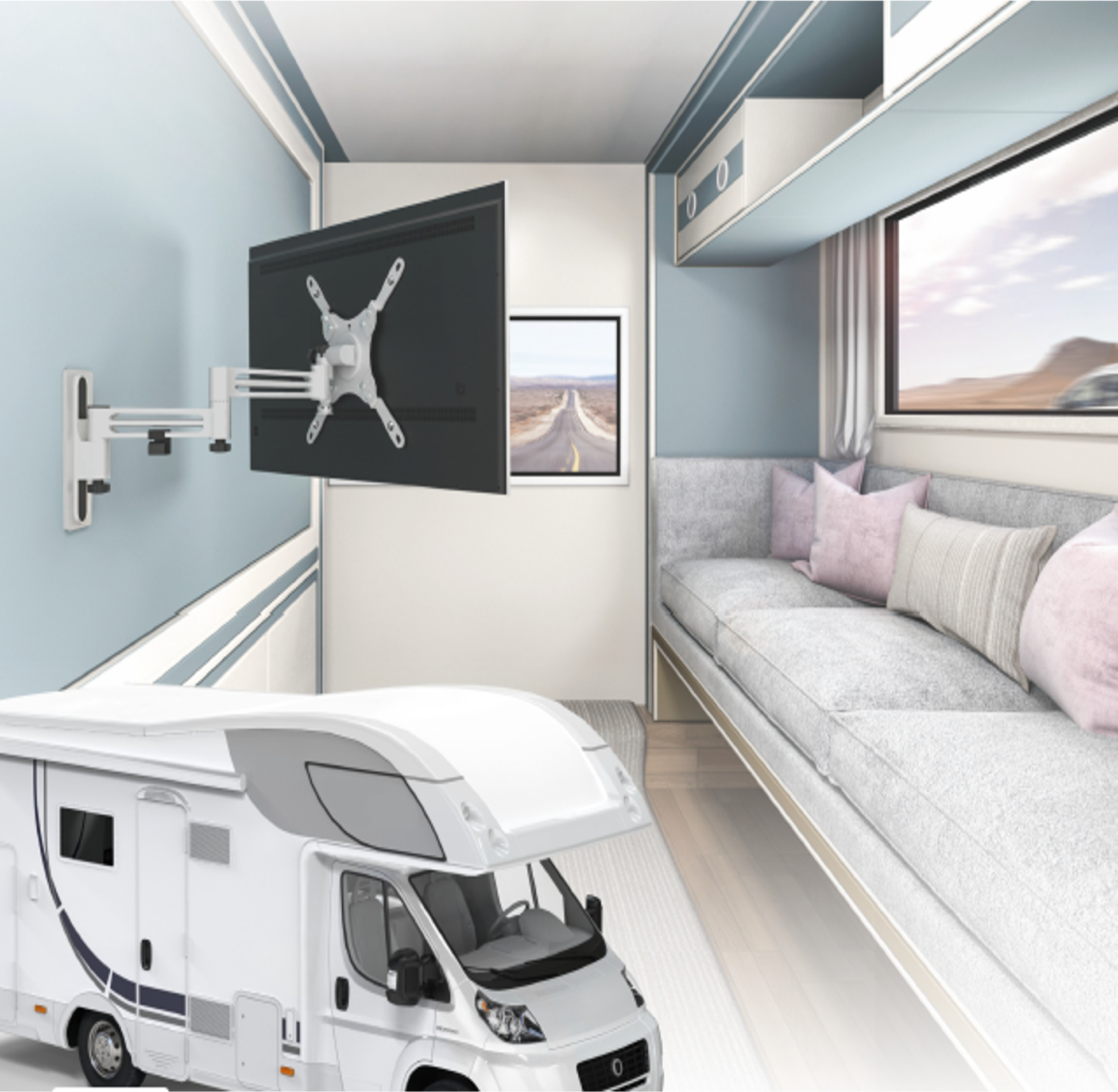 Innenraum eines Wohnmobils mit einem an der Wand montierten Fernseher. Es gibt ein Sofa und ein Fenster.