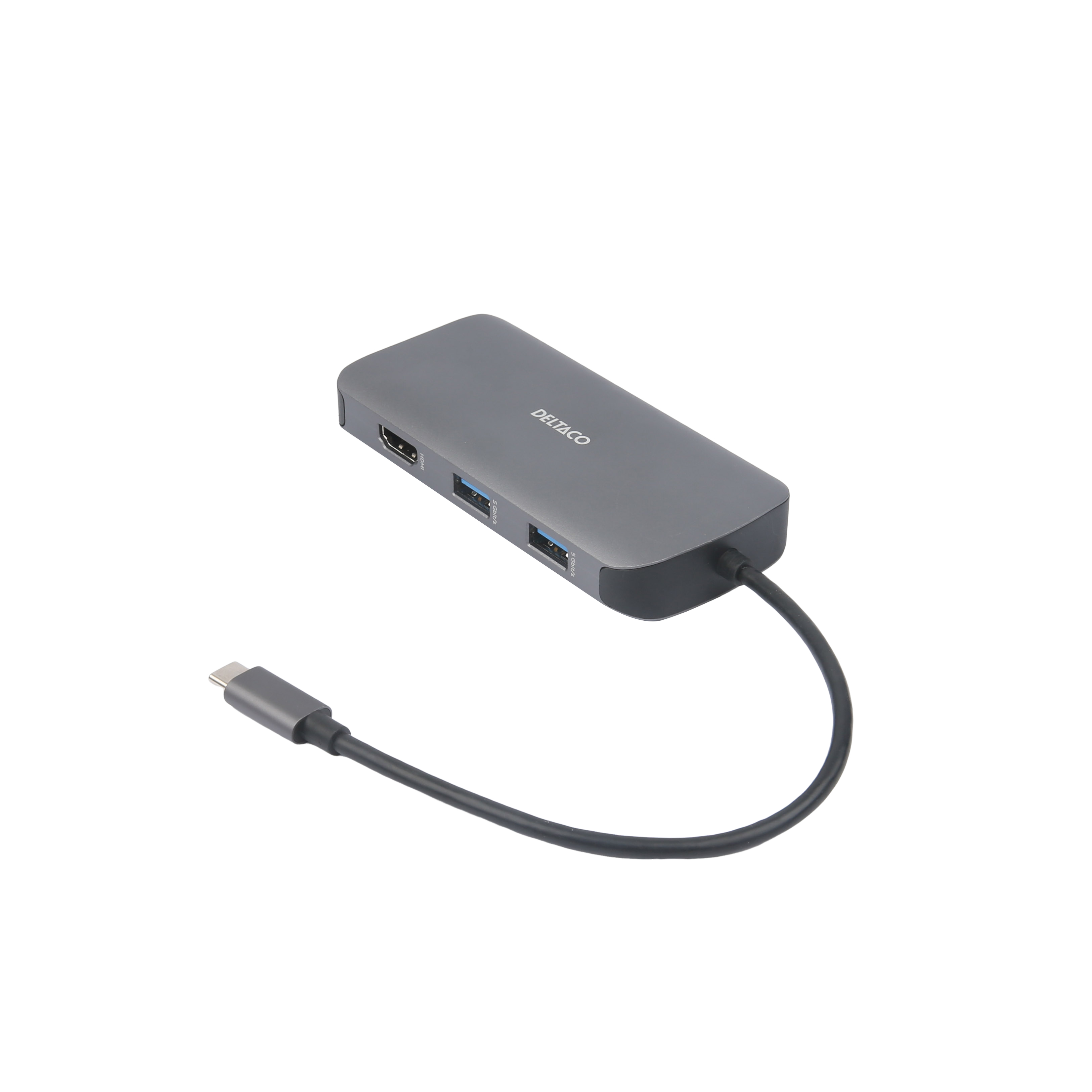 Un hub USB-C grigio con più porte, tra cui HDMI e USB. Sfondo bianco.