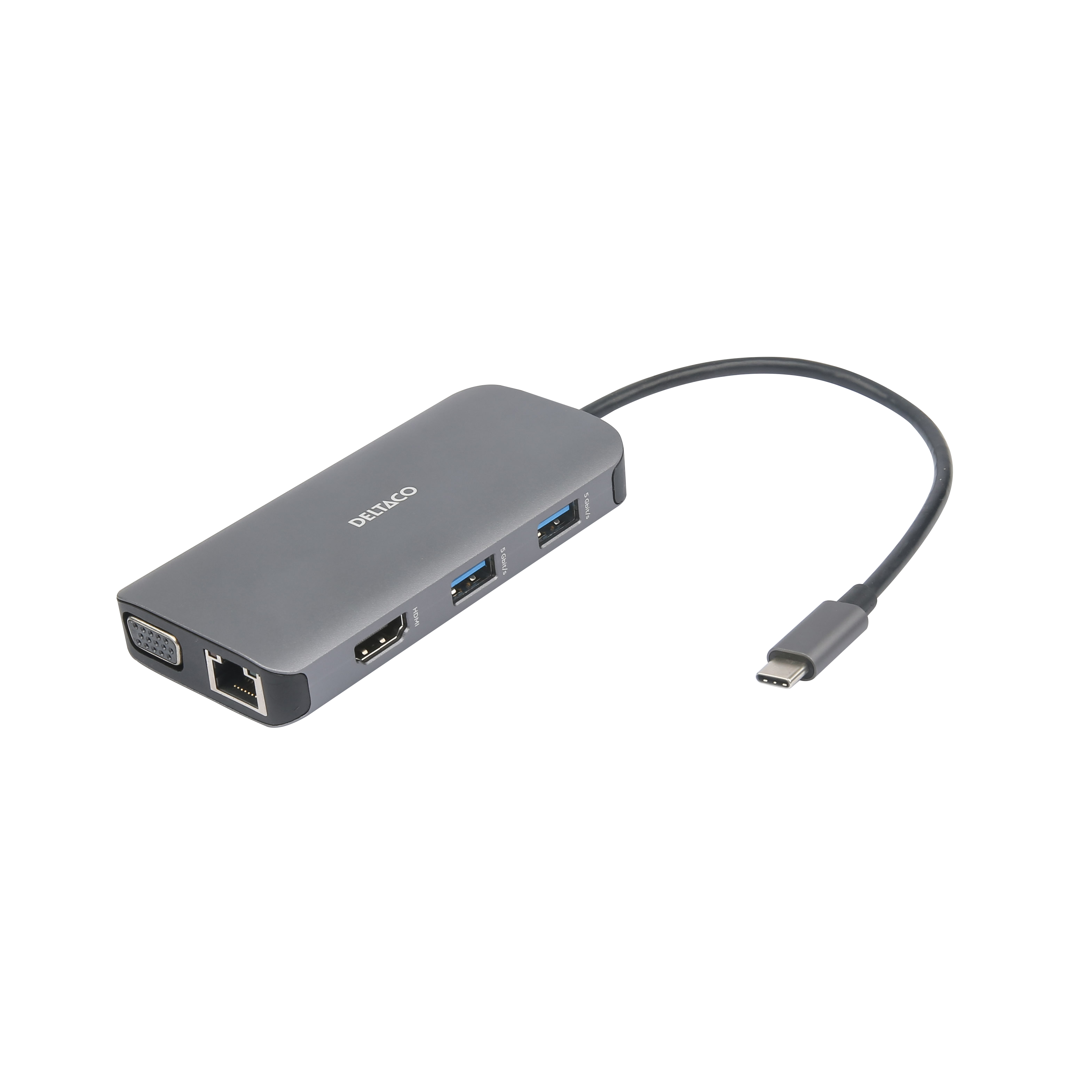 Hub USB-C grigio con più porte, tra cui HDMI, USB e VGA, con un cavo nero.
