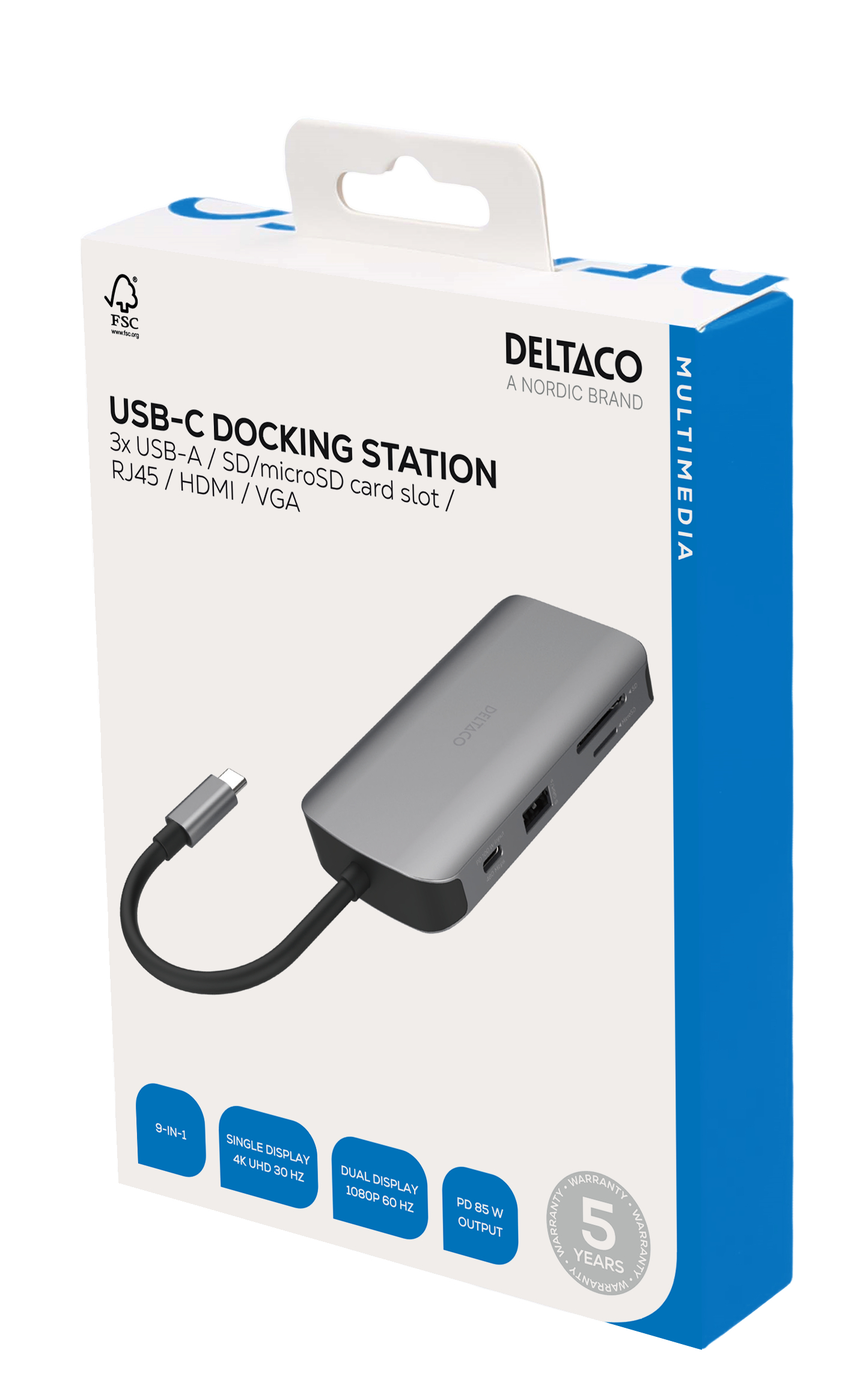 Scatola della docking station. Dispositivo argentato con più porte, etichettato su sfondo bianco.