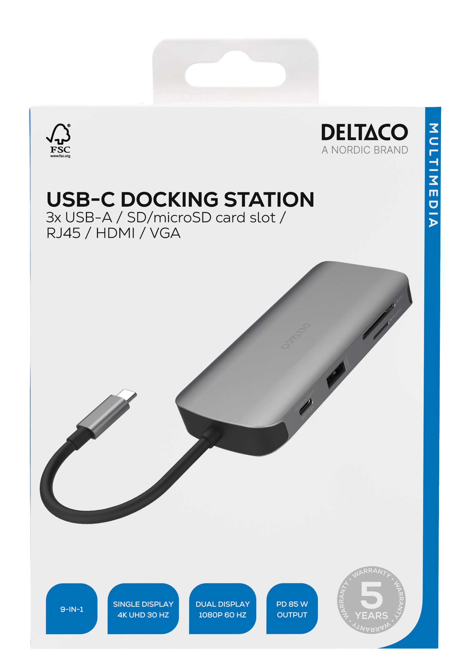 Una docking station USB-C in una scatola con varie porte, con corpo argentato e cavo USB-C.