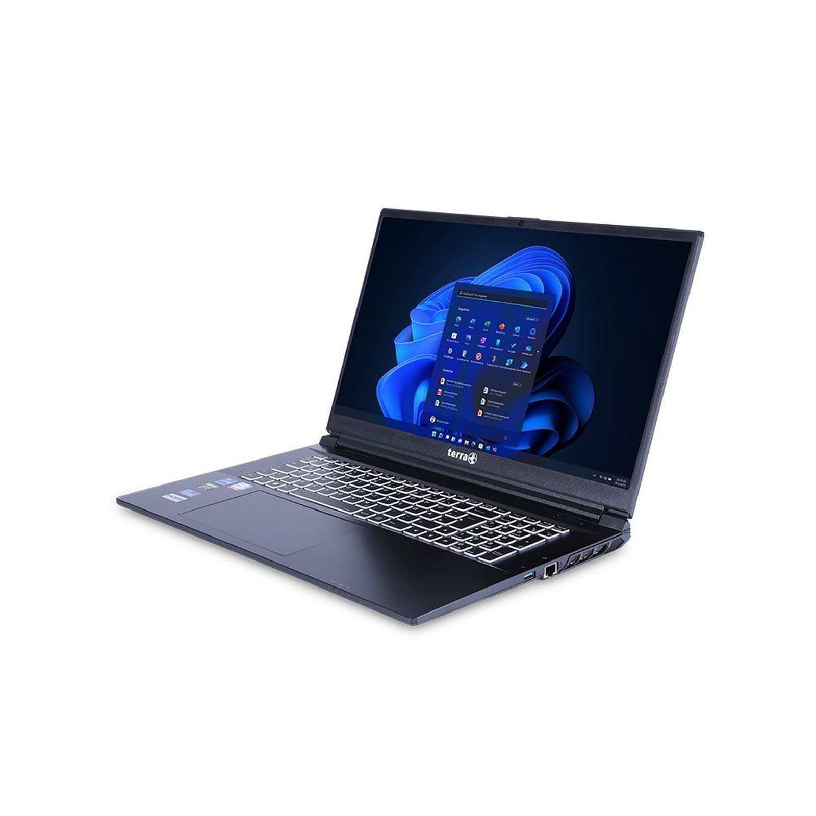 Ein schwarzer Laptop mit weißer Tastatur, geöffnet mit einem Windows-Desktop. Die Marke 'terra' ist sichtbar.