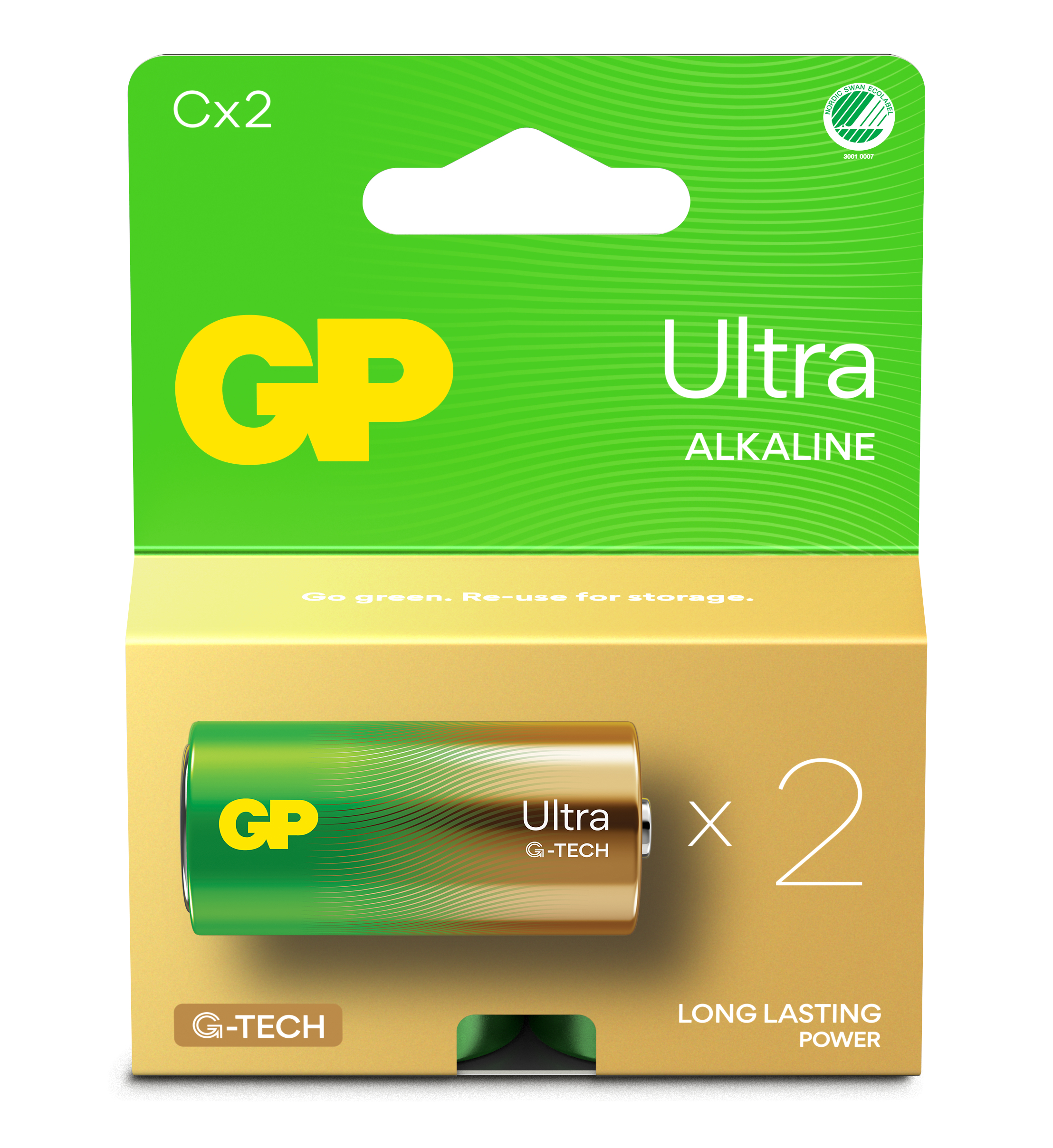 Confezione di batterie GP Ultra Alkaline verde e gialla. Due batterie all'interno.
