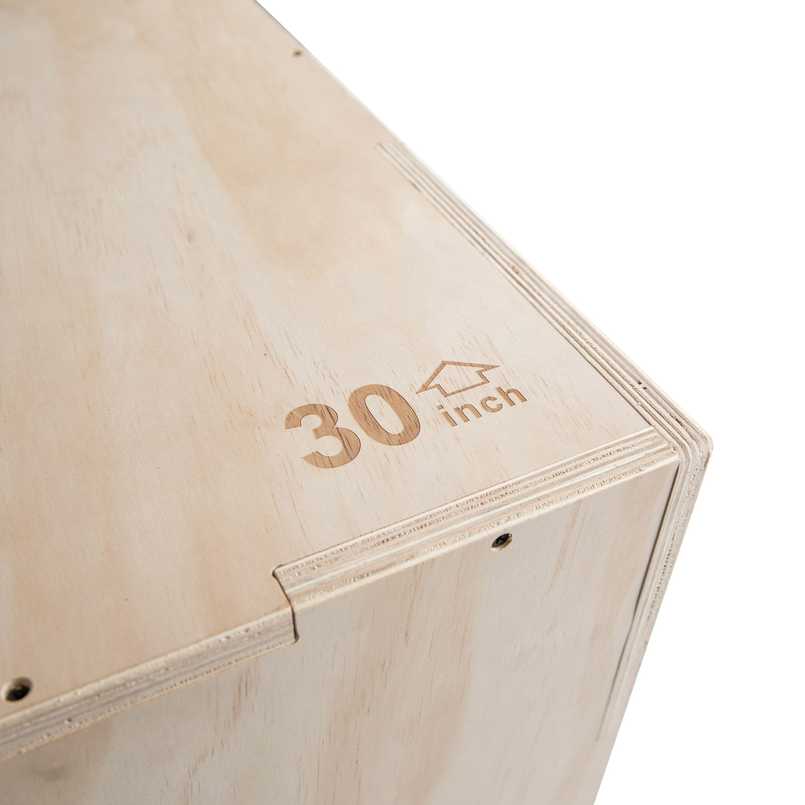 Plyometrische Box aus Holz mit 30-Zoll-Markierung und einem Pfeil nach oben.