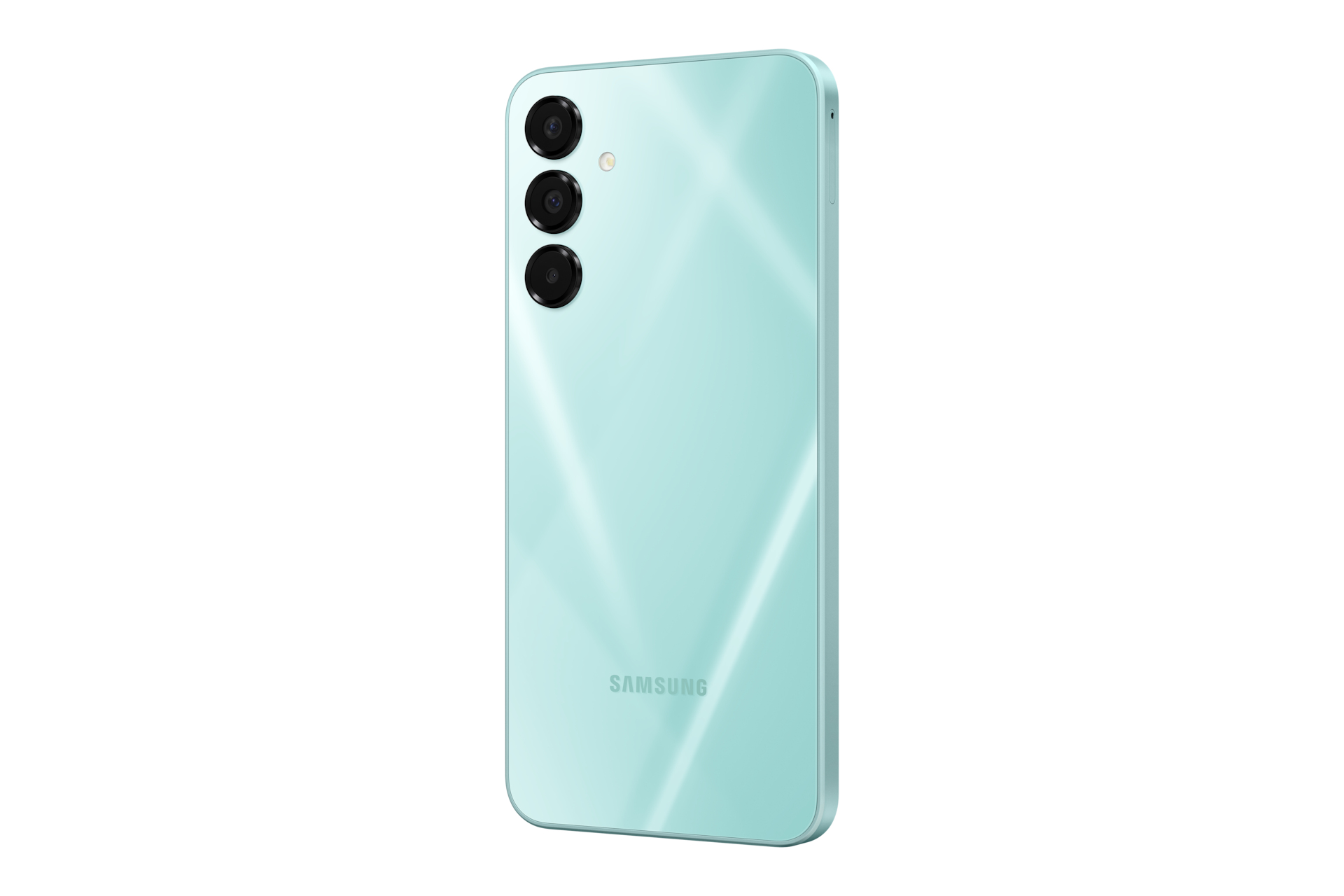 Un smartphone azul claro, vista trasera. Tres lentes de cámara, un logo de Samsung. Fondo blanco limpio.