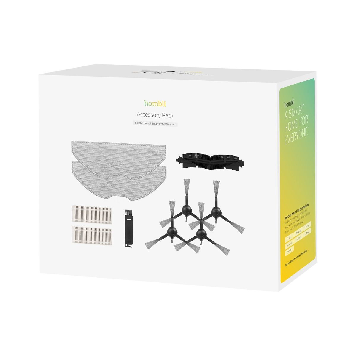 Białe pudełko akcesoriów do odkurzacza robota. Zawiera szczotki i filtry.