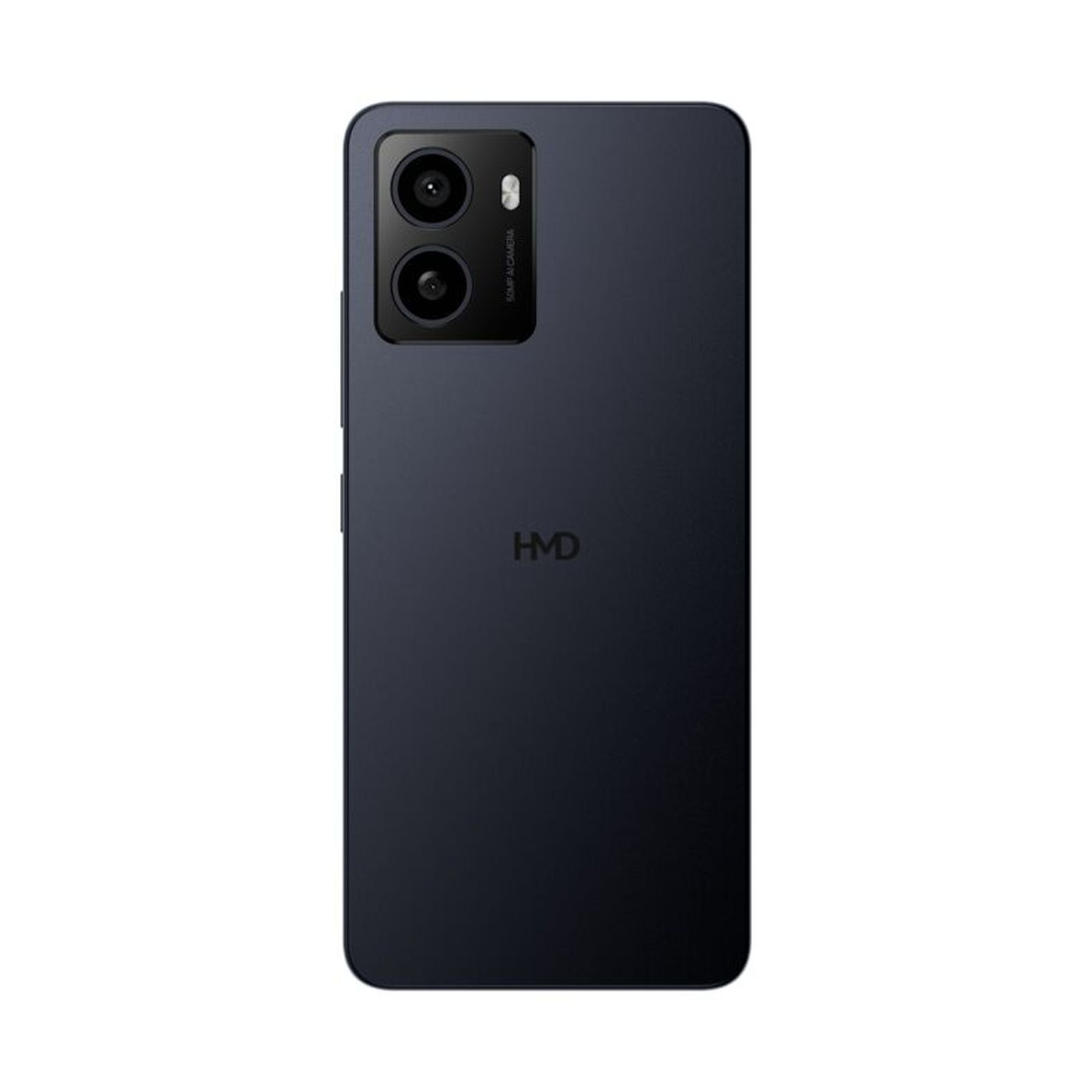 Smartphone blu scuro, vista posteriore, con doppia fotocamera e logo HMD.