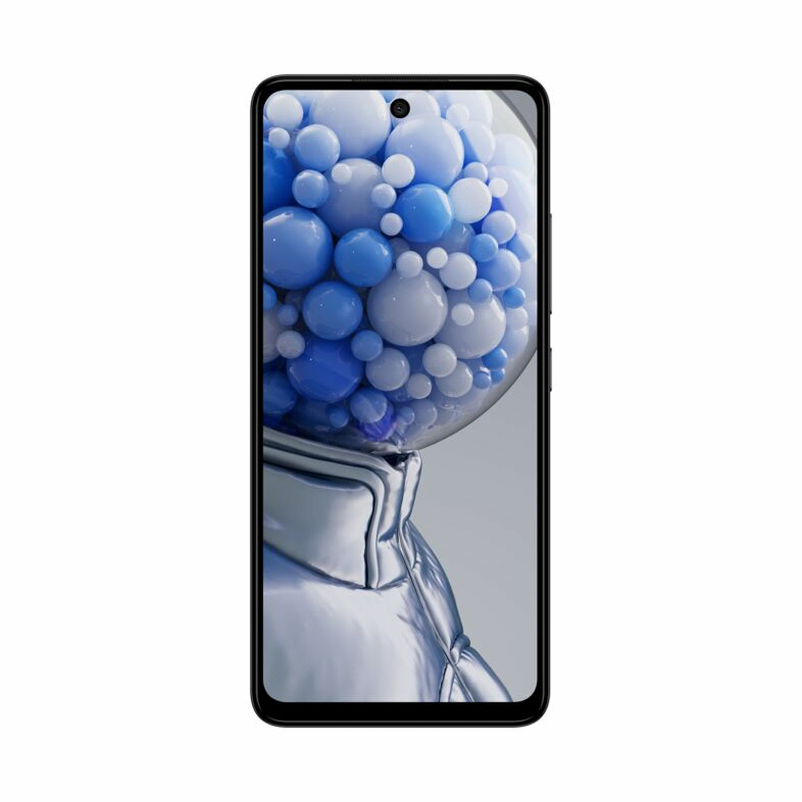 Uno smartphone nero con sfondo a tema bolle e giacca argentata.