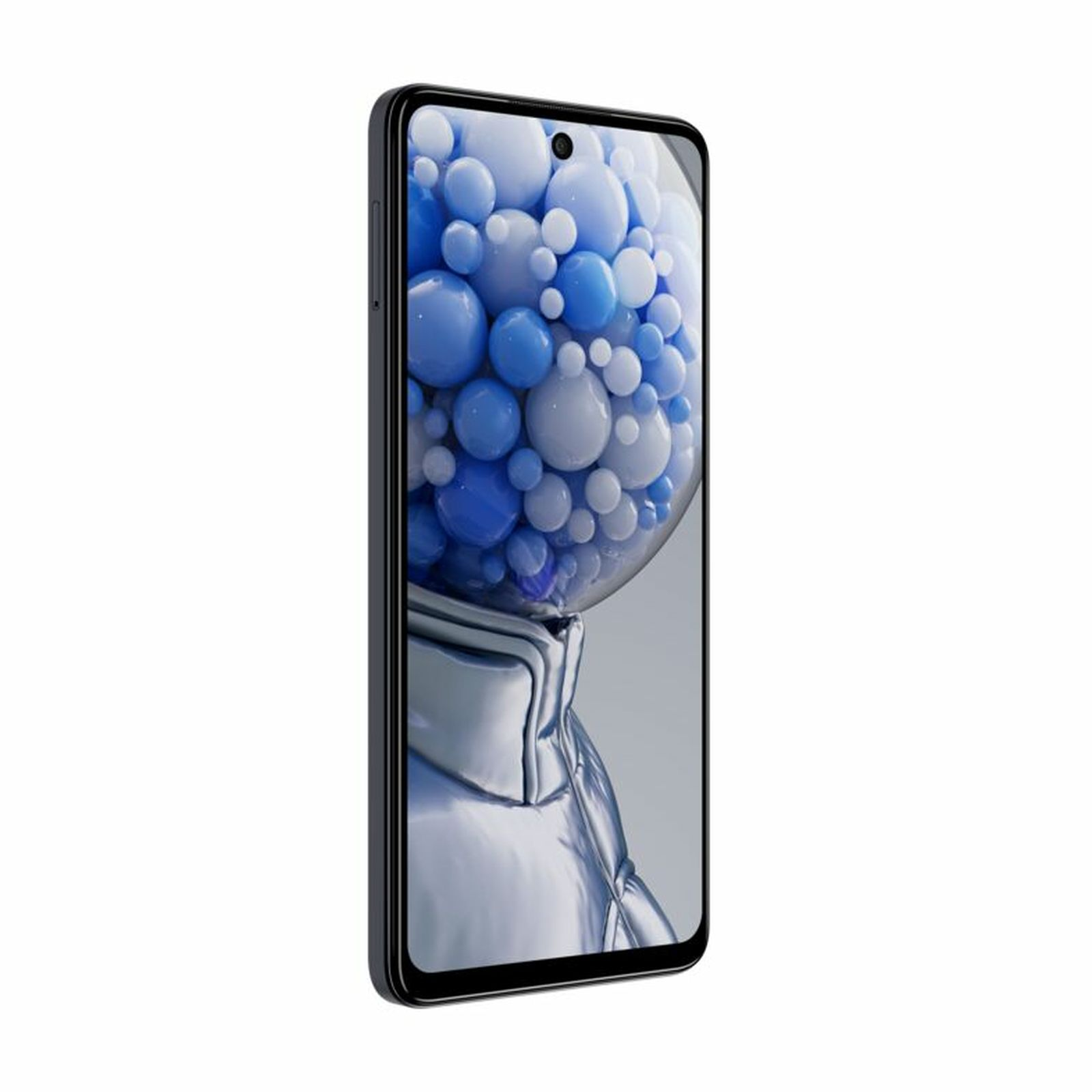 Uno smartphone nero con un design a bolle sullo schermo, su sfondo bianco.