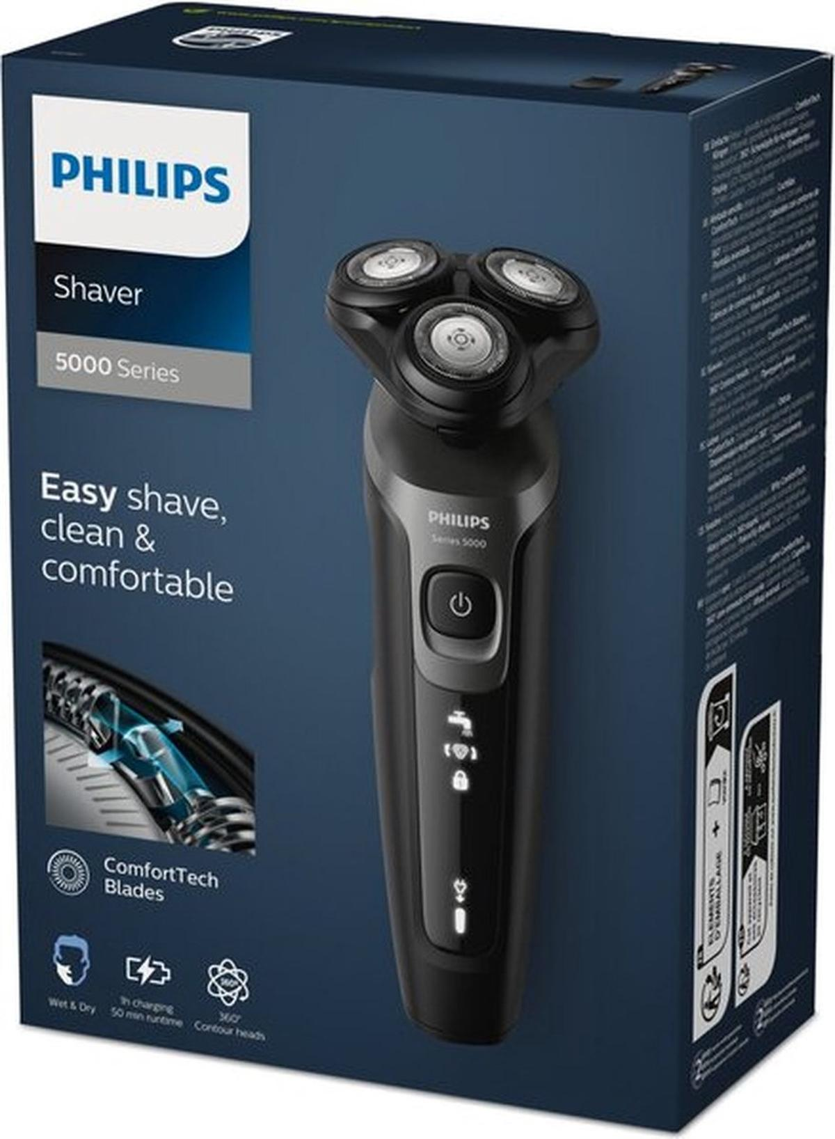 Philips shaver box. Shaver inside, text: Easy shave, clean & comfortable. Blue background.