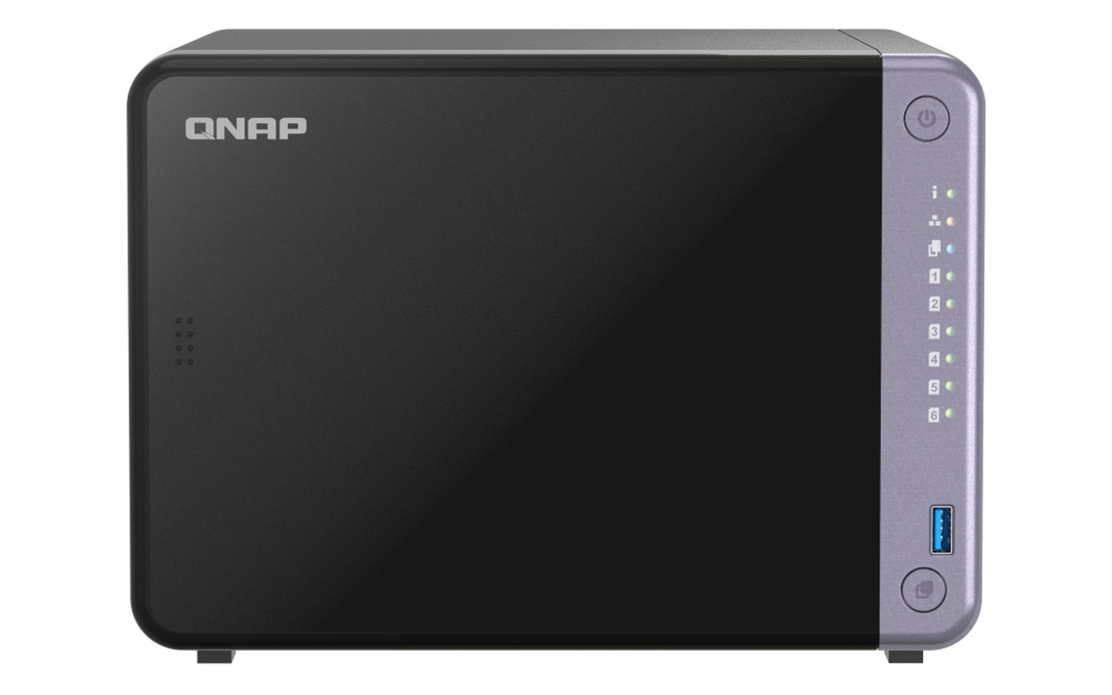 Un dispositivo NAS QNAP nero, con un frontale nero e un lato grigio con luci e una porta USB.