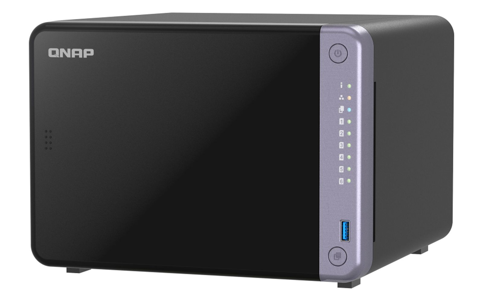Un dispositivo NAS QNAP nero. Frontale nero, lato grigio con luci e porta USB.