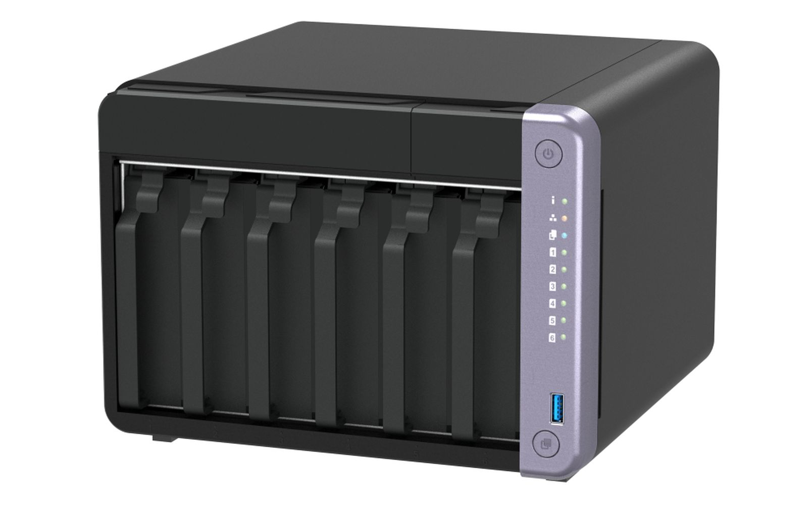 Dispositivo NAS QNAP, nero, con slot per hard disk visibili. Lato grigio con luci e USB.