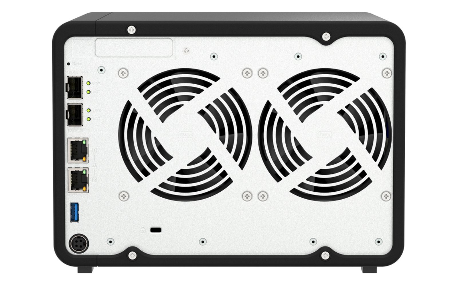 Vista posteriore di un dispositivo NAS QNAP. Mostra ventole, porte Ethernet e USB. Schema colori nero e argento.