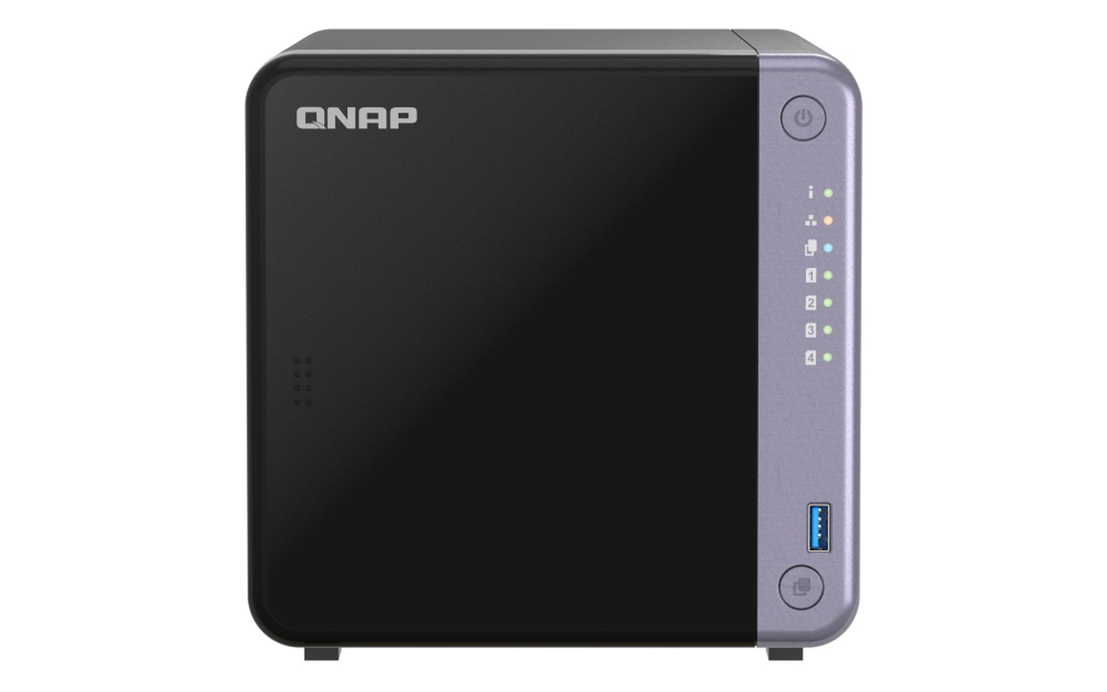Un dispositivo NAS QNAP nero. Frontale nero, lato grigio con luci e porta USB.