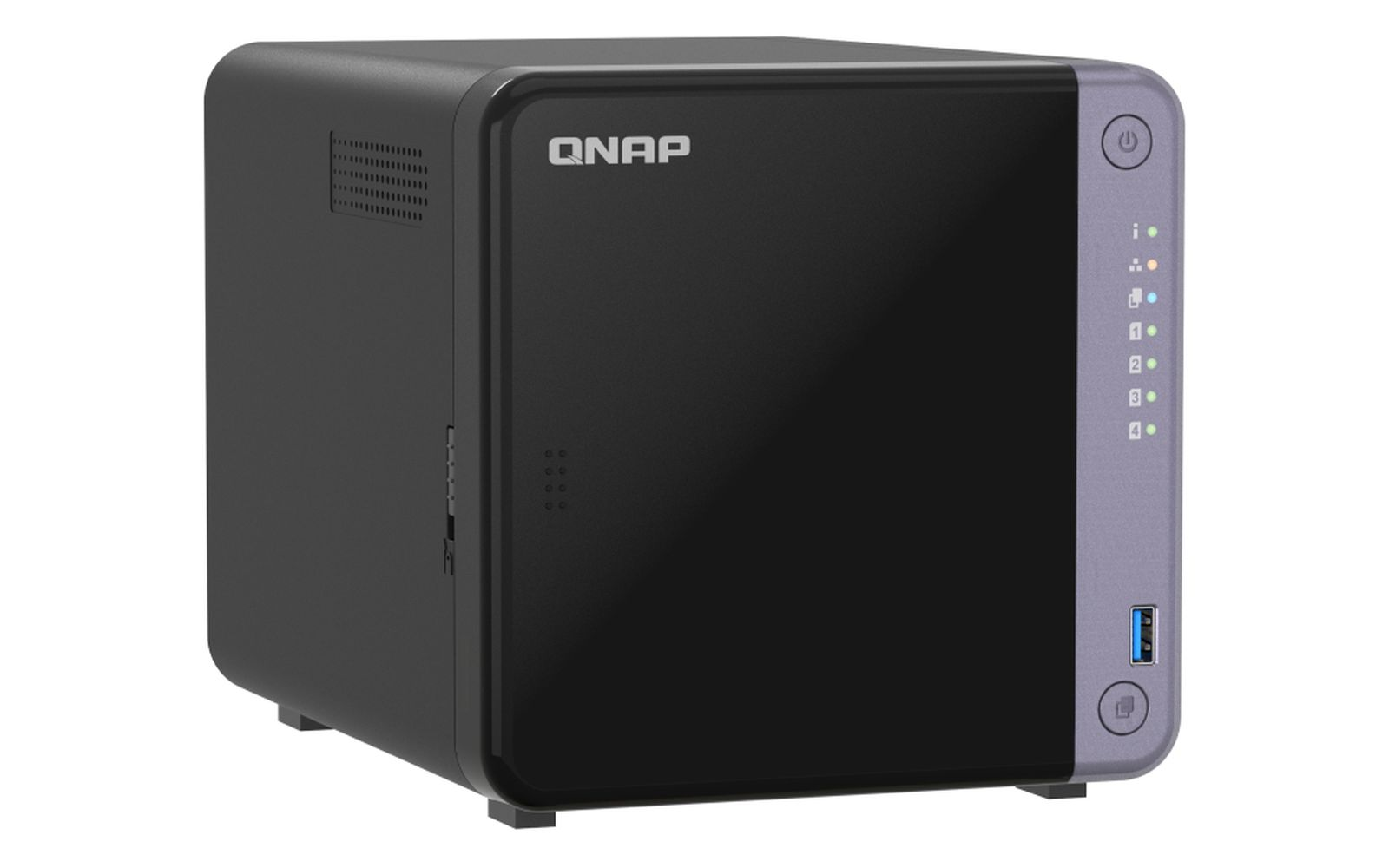 Un dispositivo NAS QNAP nero con un pannello frontale che include un pulsante di accensione, una porta USB e spie di attività.