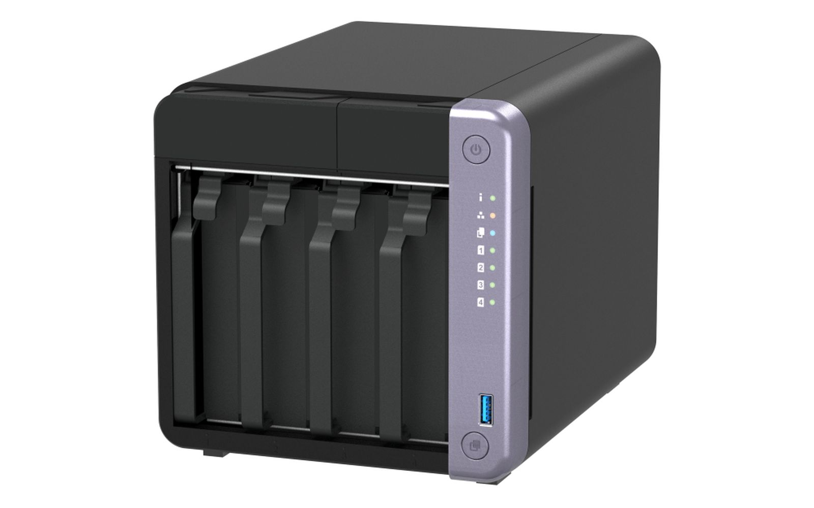 Un dispositivo NAS QNAP nero con vani unità aperti, un pannello frontale con pulsante di accensione, porta USB e spie di attività.