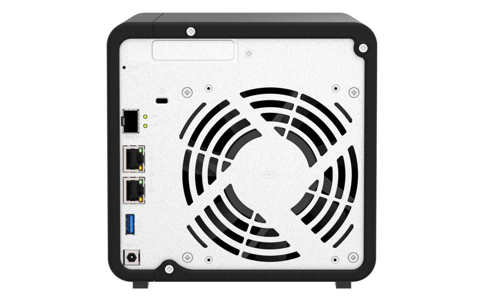 Il retro di un dispositivo NAS nero, che mostra una ventola, porte e viti su un pannello argentato.
