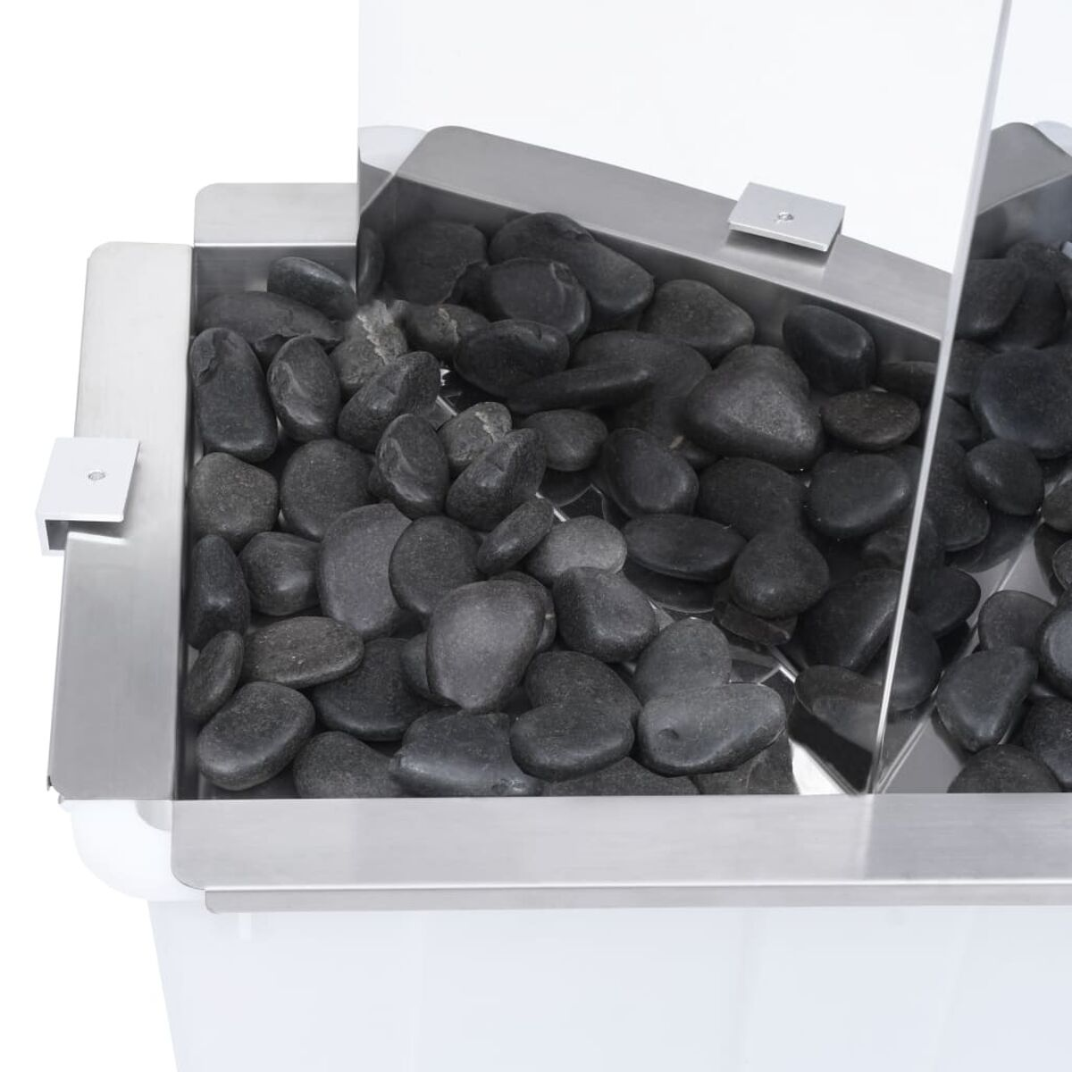 Schwarze Kieselsteine in einem Edelstahlbehälter mit transparentem Kunststoffdeckel.