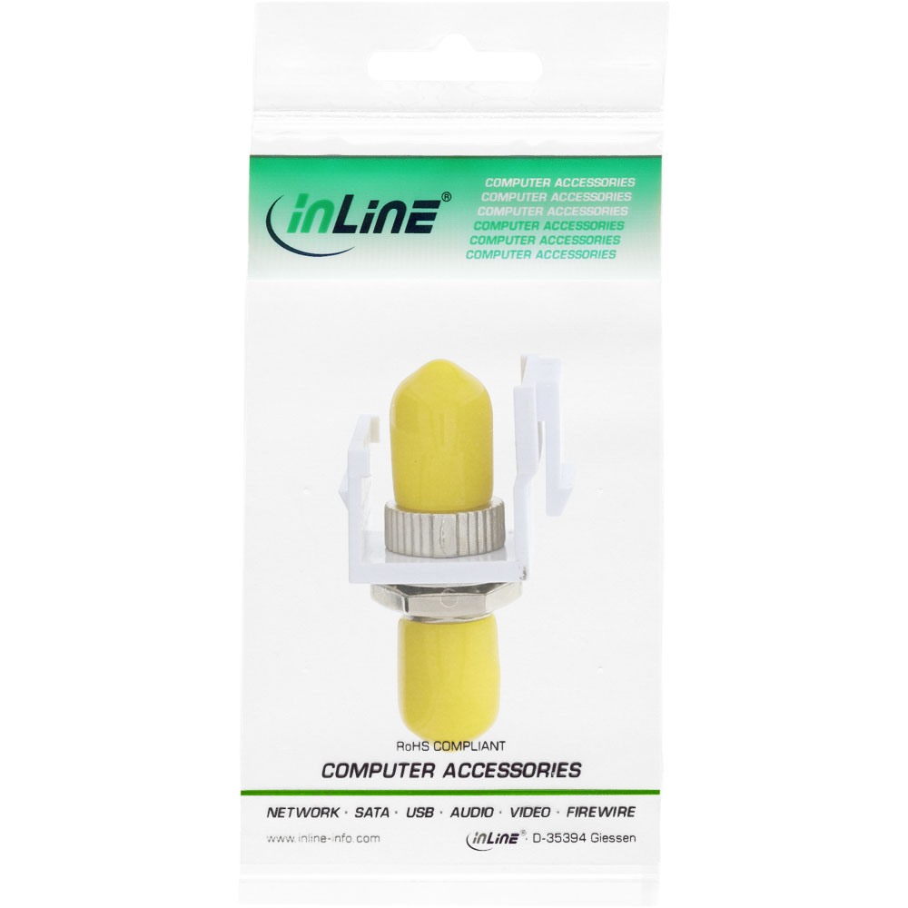 Gelber Stecker mit weißem Halter in Plastikverpackung. Text "Computerzubehör".