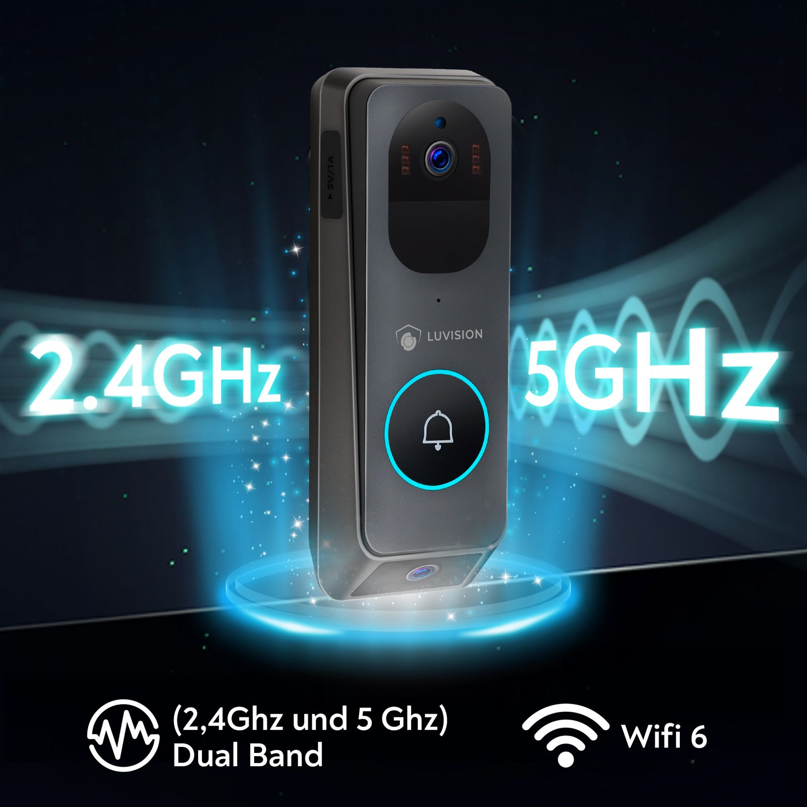 Eine schwarze und graue Türklingel, mit Wifi- und Dualband-Symbolen. Ein blaues Licht umgibt sie.