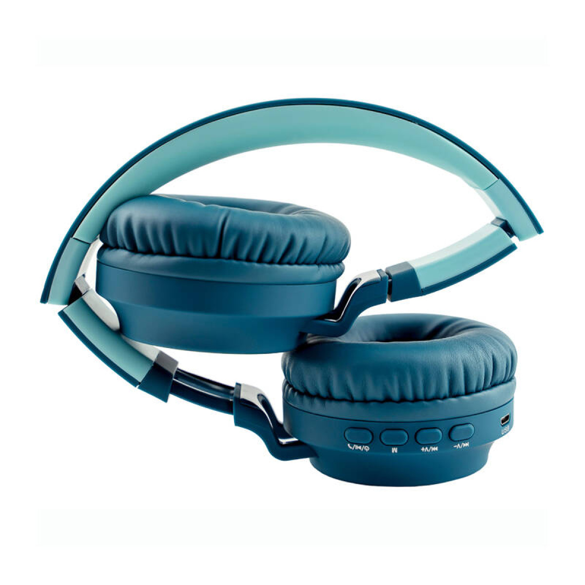 Cuffie blu piegate con due padiglioni e un archetto. I controlli sono visibili.