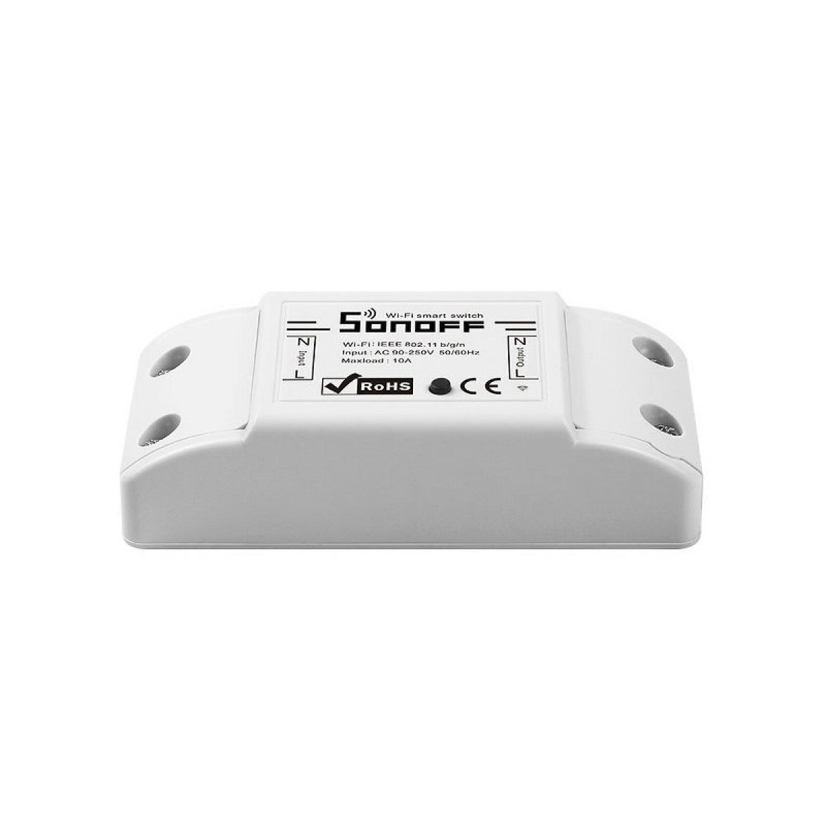 Un interruttore intelligente Wi-Fi Sonoff bianco, vista dall'alto. Il dispositivo è su una superficie bianca.