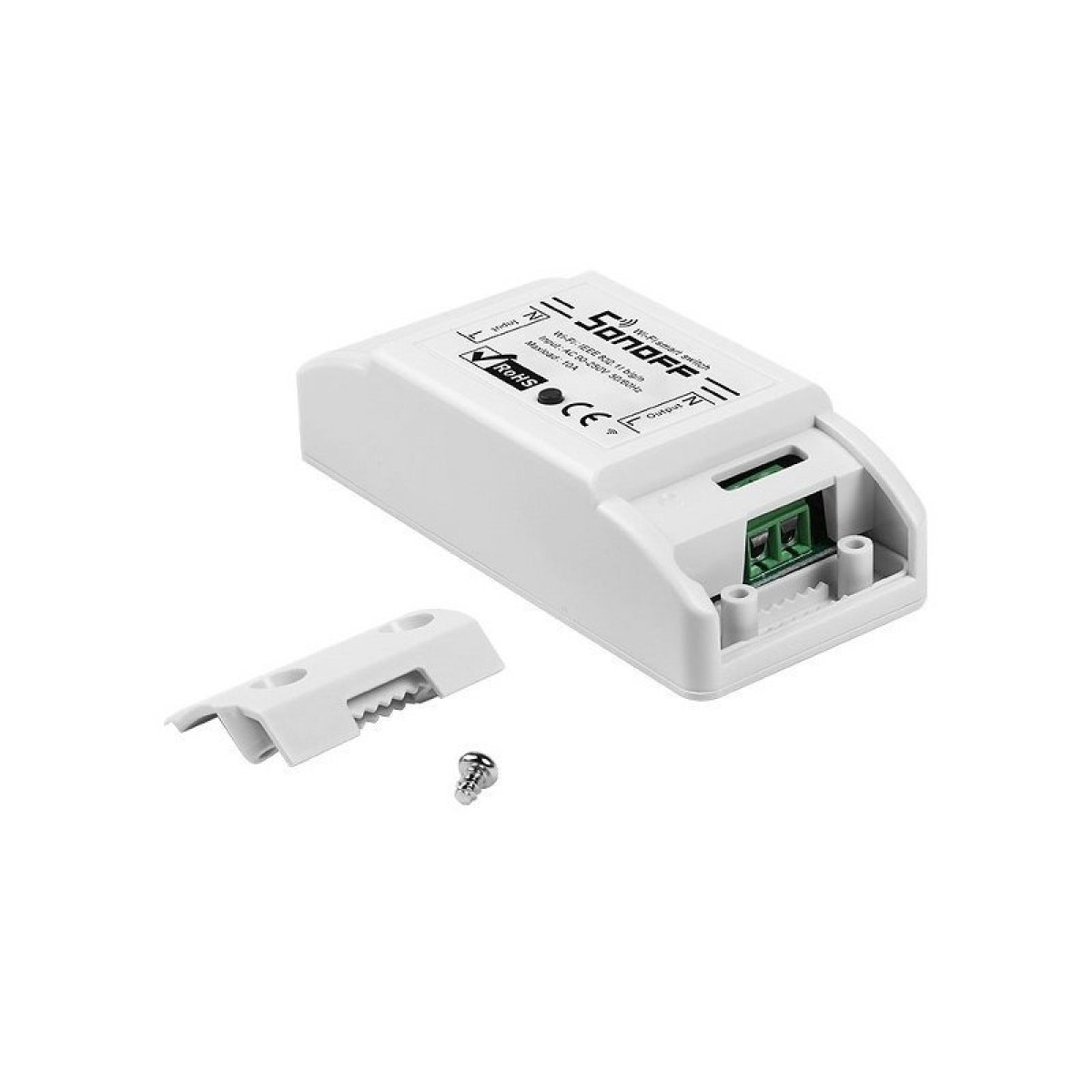 Interruttore intelligente Sonoff bianco con coperchio, vite e morsettiera verde.
