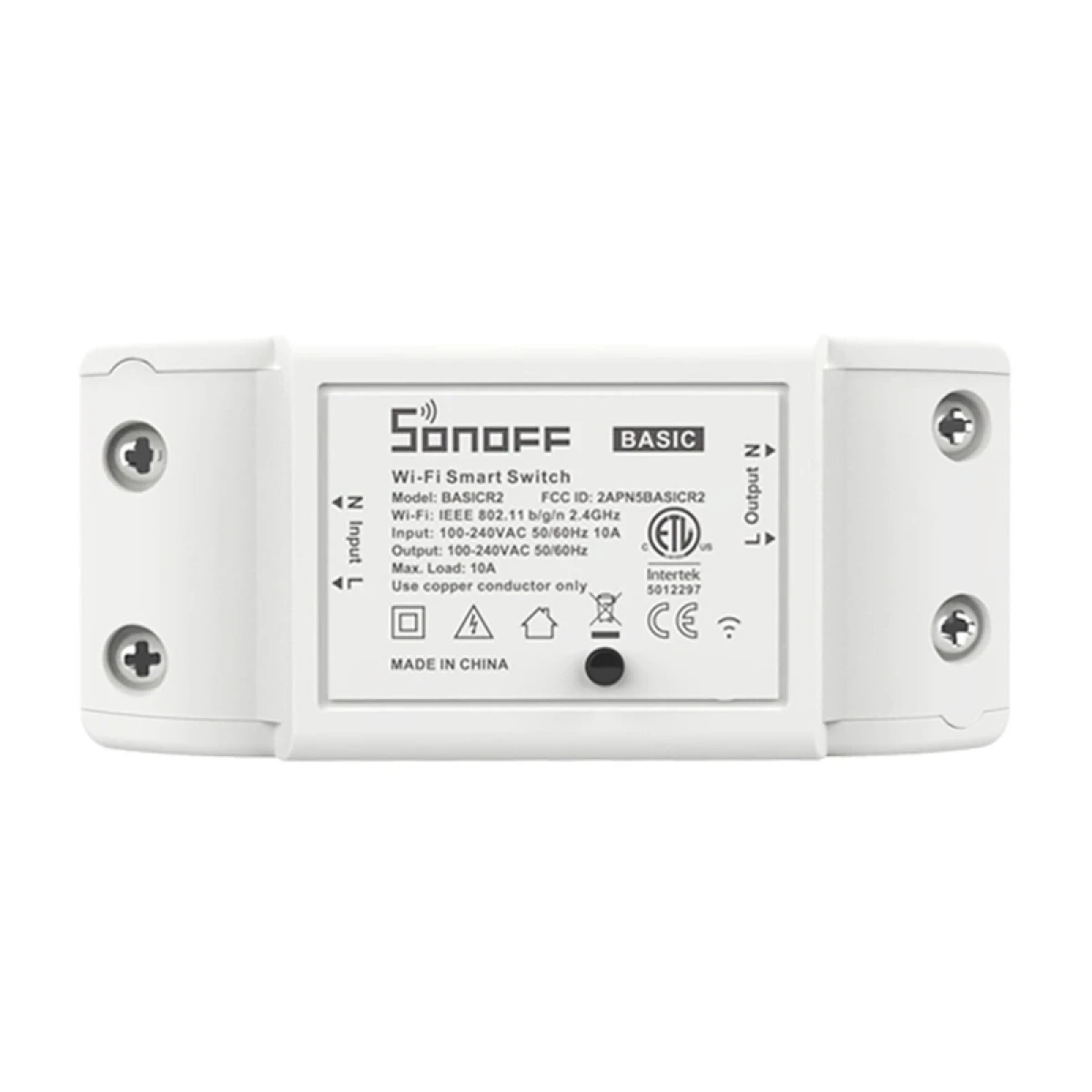 Interruttore intelligente Sonoff Basic bianco, con testo e quattro viti.