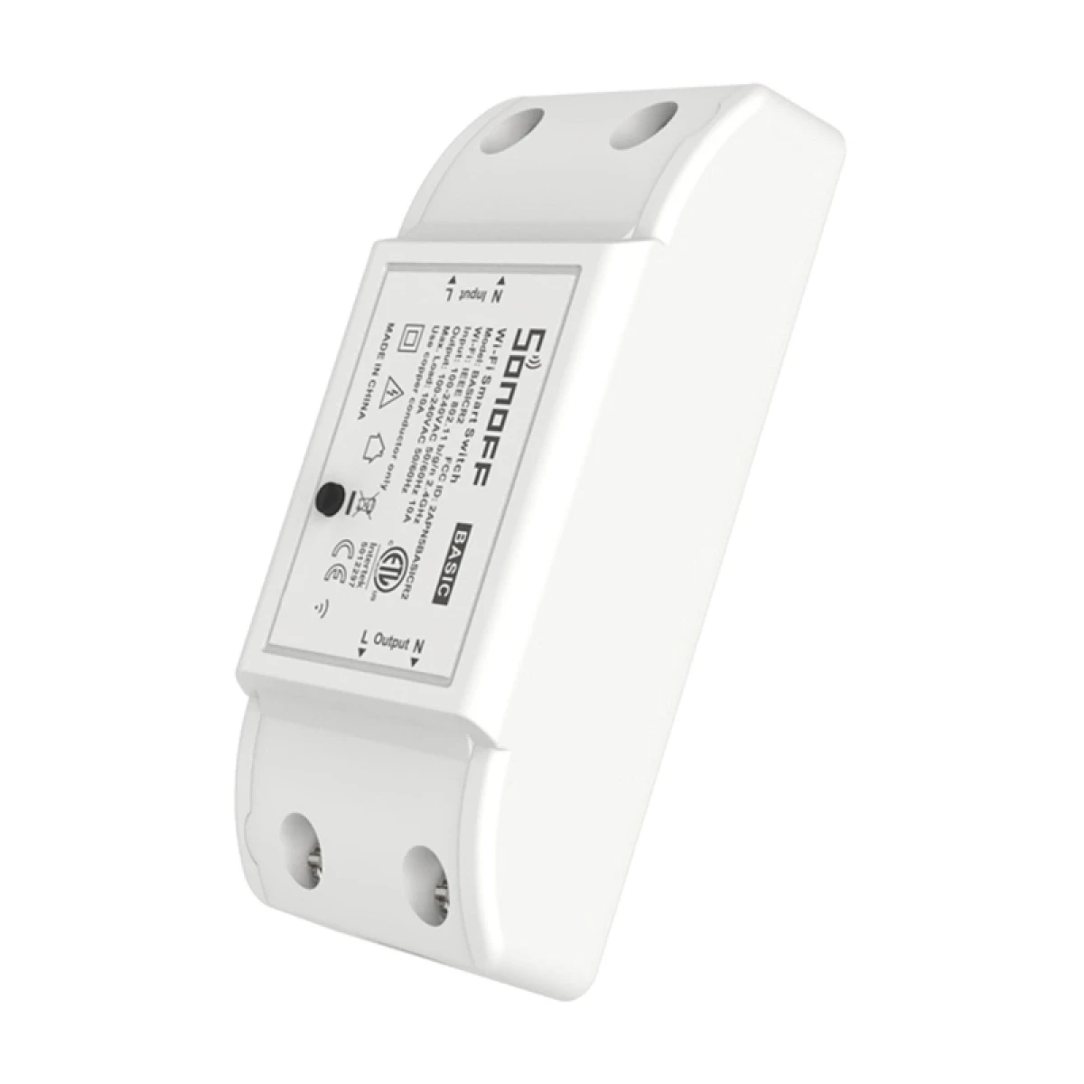 Interruttore intelligente Sonoff Basic bianco, con testo e due viti.