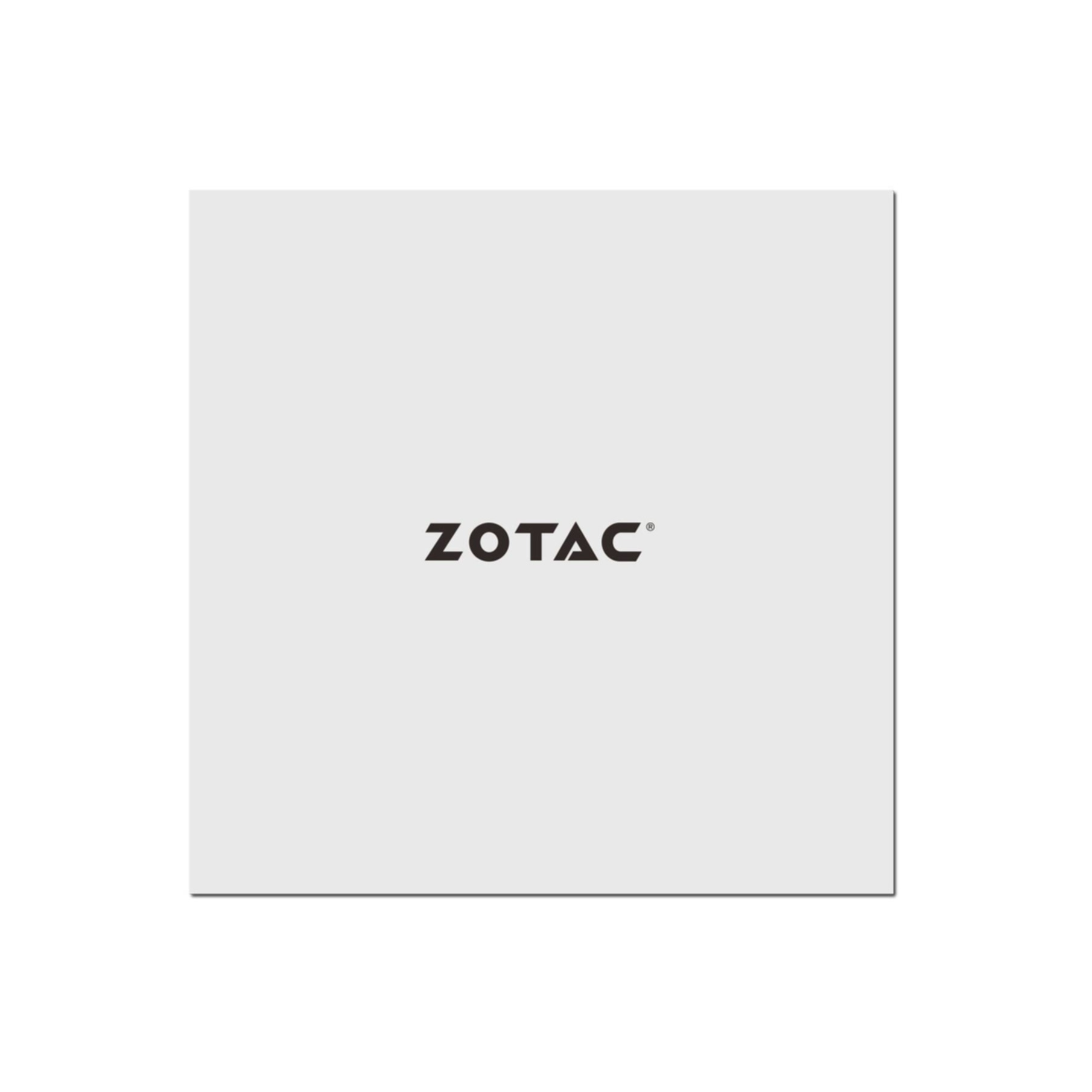 Białe kwadratowe pudełko z logo ZOTAC czarnymi literami na froncie.