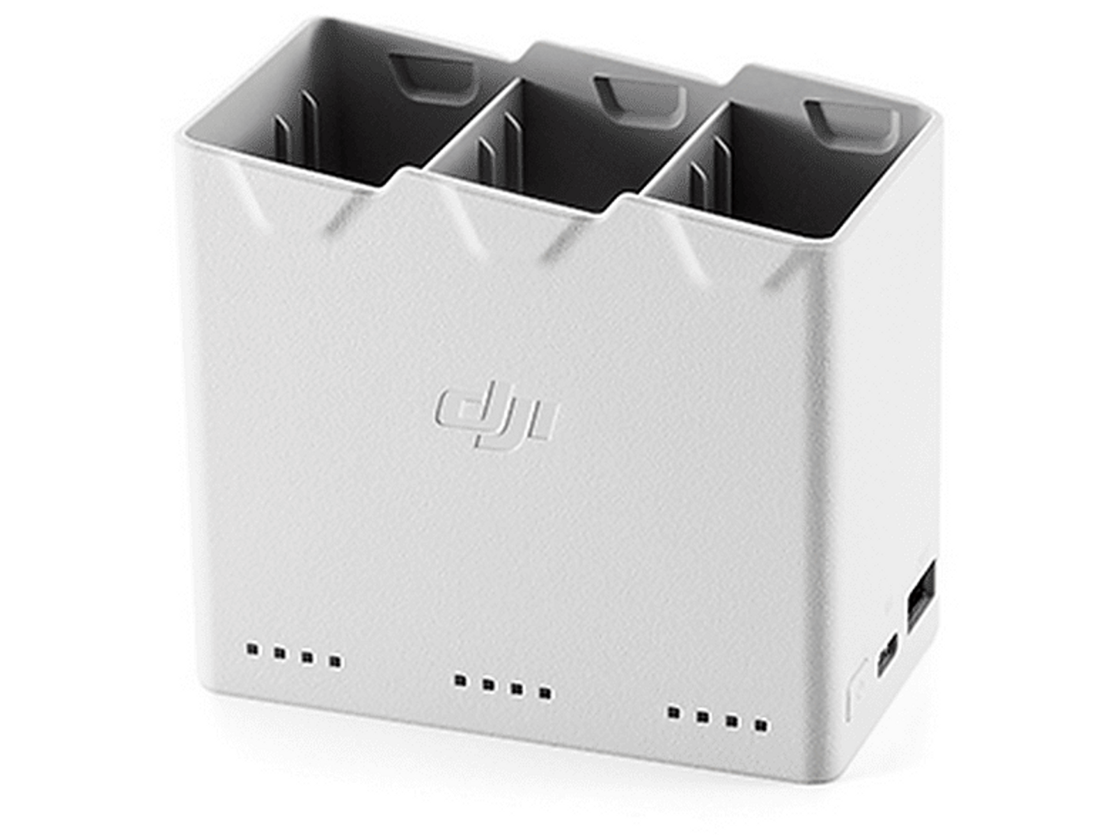 Weißer DJI Mini 3 Pro Akku-Ladehub, Vorderansicht, weißer Hintergrund.
